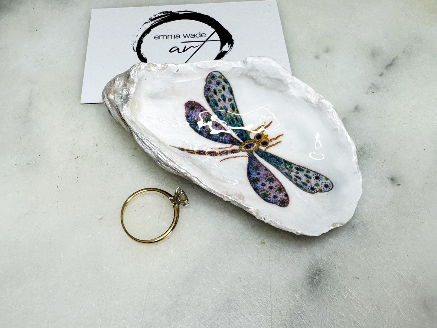 dragonfly oyster shell dish, Dorset oyster shell trinket jewellery holder, handmade dragonfly gift for nature lovers, gold leaf gilded oyster shell ornament, dragonfly symbolism decor, oyster shell salt and pepper pinch pot, oyster shell cufflink dish, dragonflies coastal bathroom accessory, unique handmade oyster shell jewellery tray, eco friendly dragonfly oyster shell art, dragonfly coastal wedding favour, dragonfly themed anniversary gift, Dorset handmade oyster shell dish