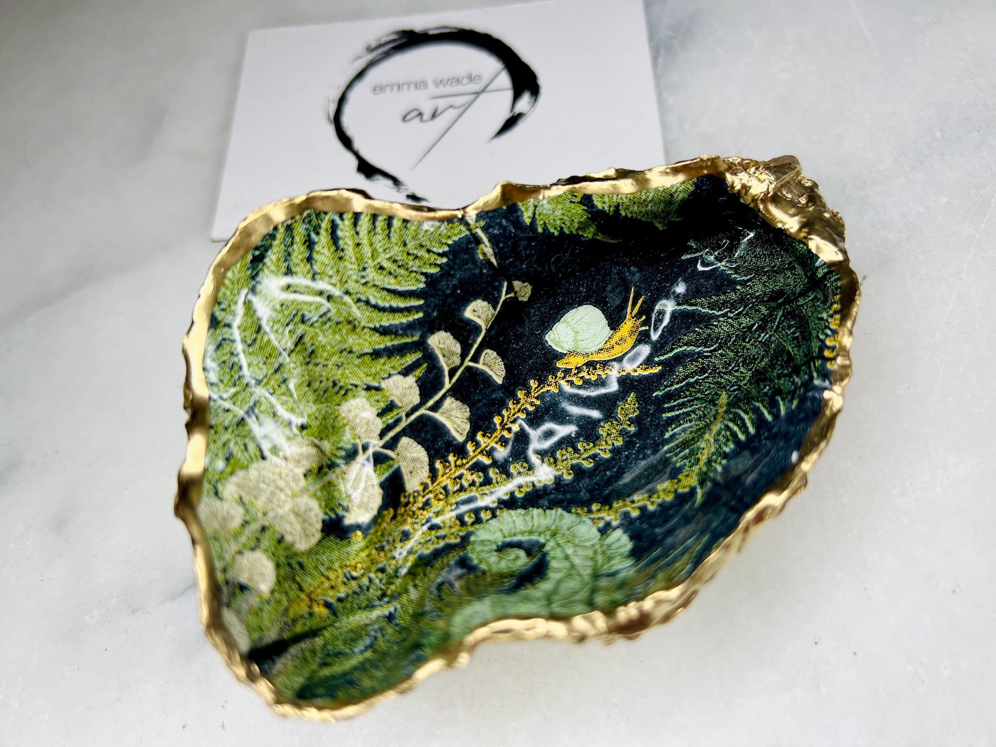 Forest Fern Shell Gift, Trinket oyster Shell dish gold finish, gold leaf trinket tray, shell scallop dish, Ferns Nature lover shell bowl, decorative oyster shells, Fern Green Design key bowl, green and gold shell dish, Bee ring dish, golden trinket dish, bride shell dish, shell jewellery bowl, decoupaged earrings dish, shell art trinket, Fern shell gift, Gold shell trinket holder, painted shell with gold, shell jewellery dish, Emma Wade art, Proposal Ring Tray, Green Painted Key Bowl