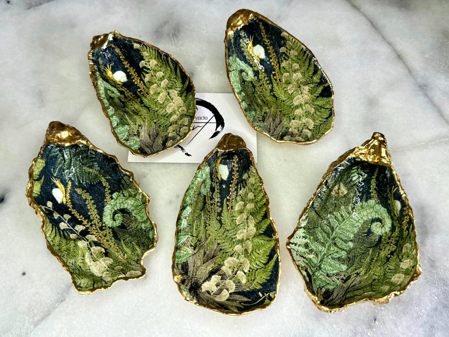 Forest Fern Shell Gift, Trinket oyster Shell dish gold finish, gold leaf trinket tray, shell scallop dish, Ferns Nature lover shell bowl, decorative oyster shells, gorgeous sustainable packaging, green and gold shell dish, Bee ring dish, golden trinket dish, bride shell dish, shell jewellery bowl, decoupaged earrings dish, shell art trinket, Fern shell gift, Gold shell trinket holder, painted shell with gold, shell jewellery dish, Emma Wade art, Proposal Ring Tray, Green Painted Key Bowl
