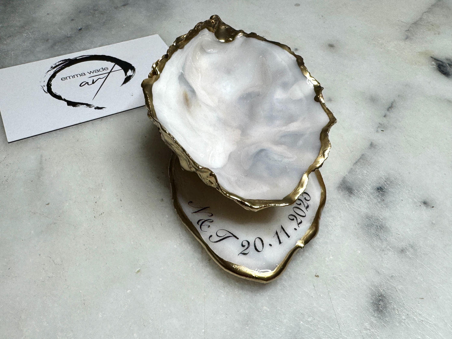 Gift for her, Gift for him, oyster shell box, Ring holder, Pearl Trinket shell dish, jewelry oyster dish, bridesmaid gift idea,  Wedding favours, personalised oyster dish, Coastal decor, EmmaWadeART, coastal decor, wedding table decor, oyster place name, ring bearer box, oyster ring display, ocean shell ring box, oyster ring tray, personalised oyster dish, EmmaWadeART, shell trinket tray, wedding ring display box, ocean wedding gift, pearl oyster dish, personalised proposal shell jewellery box