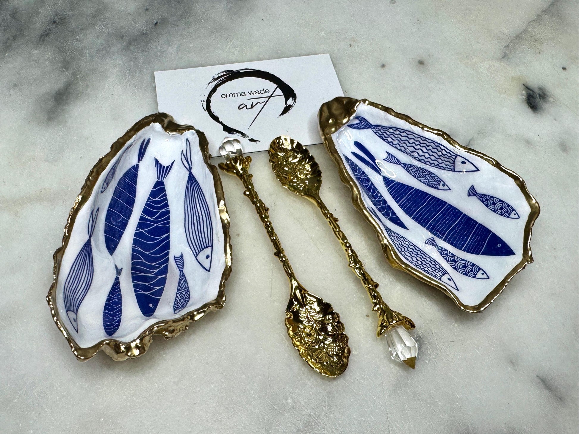 blue fish gold gilded oyster salt dishes, shell serving dish, oyster pinch pots, oyster spice pots, wedding kitchen gift, coastal gifts, fish pearl pinch pots, dining decor, shell cruet set, decorative accessories, Mediterranean blue white oyster spice pots, coastal cruet set, oyster cruet set, coastal serving dishes, oyster plates, gold gilded salt and pepper set, oyster pepper and salt pots, ceramic salt and pepper set, handmade cruet set, gold pearl salt dish set, coastal host gift