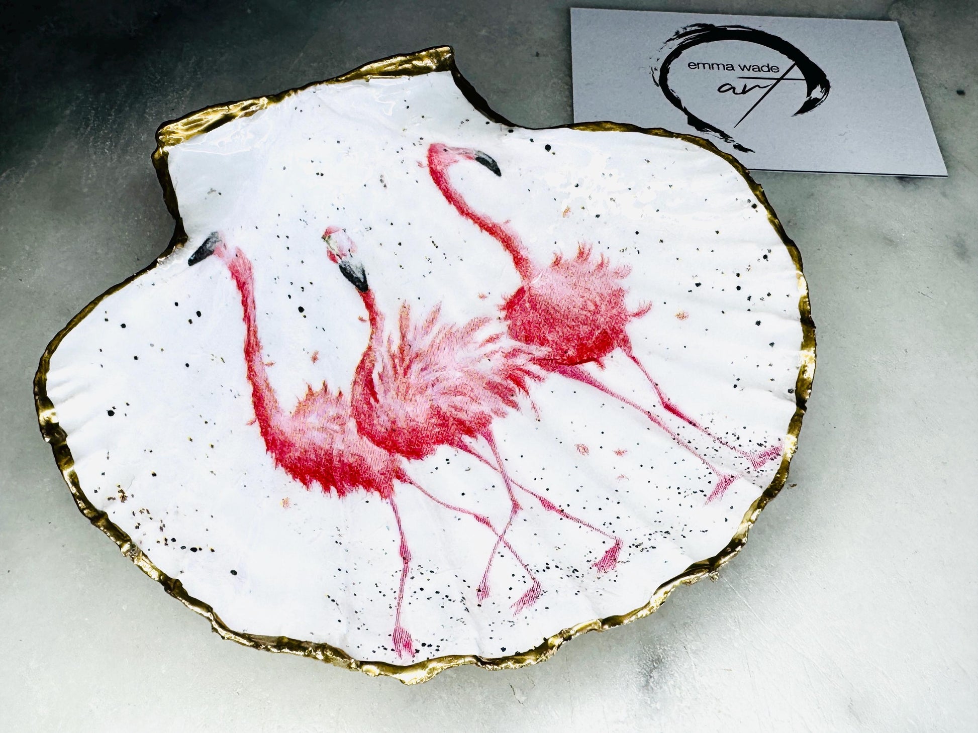 pink flamingo gift, Flamingo art, Decoupage scallop, shell trinket dish, jewellery shell dish, gift for her, ring carrier dish, coastal decor, shell Decor, pink bird dish, nature lover gift, coastal gift, gift for her, decorated dish, jewelry trinket dish, decoupage scallop shell, coastal decor by EmmaWadeART, ocean jewelry dish, ocean decor, shell trinket tray, scallop trinket tray, shell art, handmade trinket dish, gold gilded dish, proposal dish, ring dish display, ring bearer dish