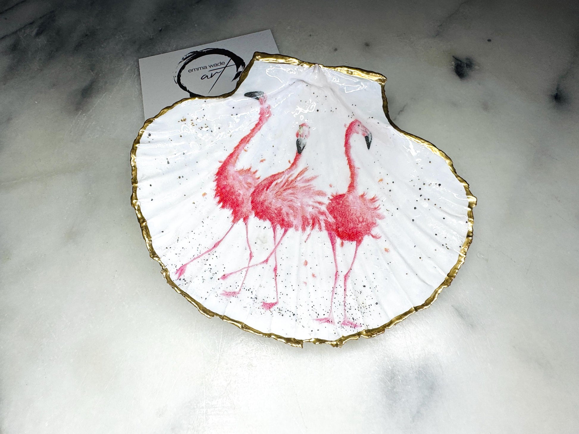 pink flamingo gift, Flamingo art, Decoupage scallop, shell trinket dish, jewellery shell dish, gift for her, ring carrier dish, coastal decor, shell Decor, pink bird dish, nature lover gift, coastal gift, gift for her, decorated dish, jewelry trinket dish, decoupage scallop shell, coastal decor by EmmaWadeART, ocean jewelry dish, ocean decor, shell trinket tray, scallop trinket tray, shell art, handmade trinket dish, gold gilded dish, proposal dish, ring dish display, ring bearer dish