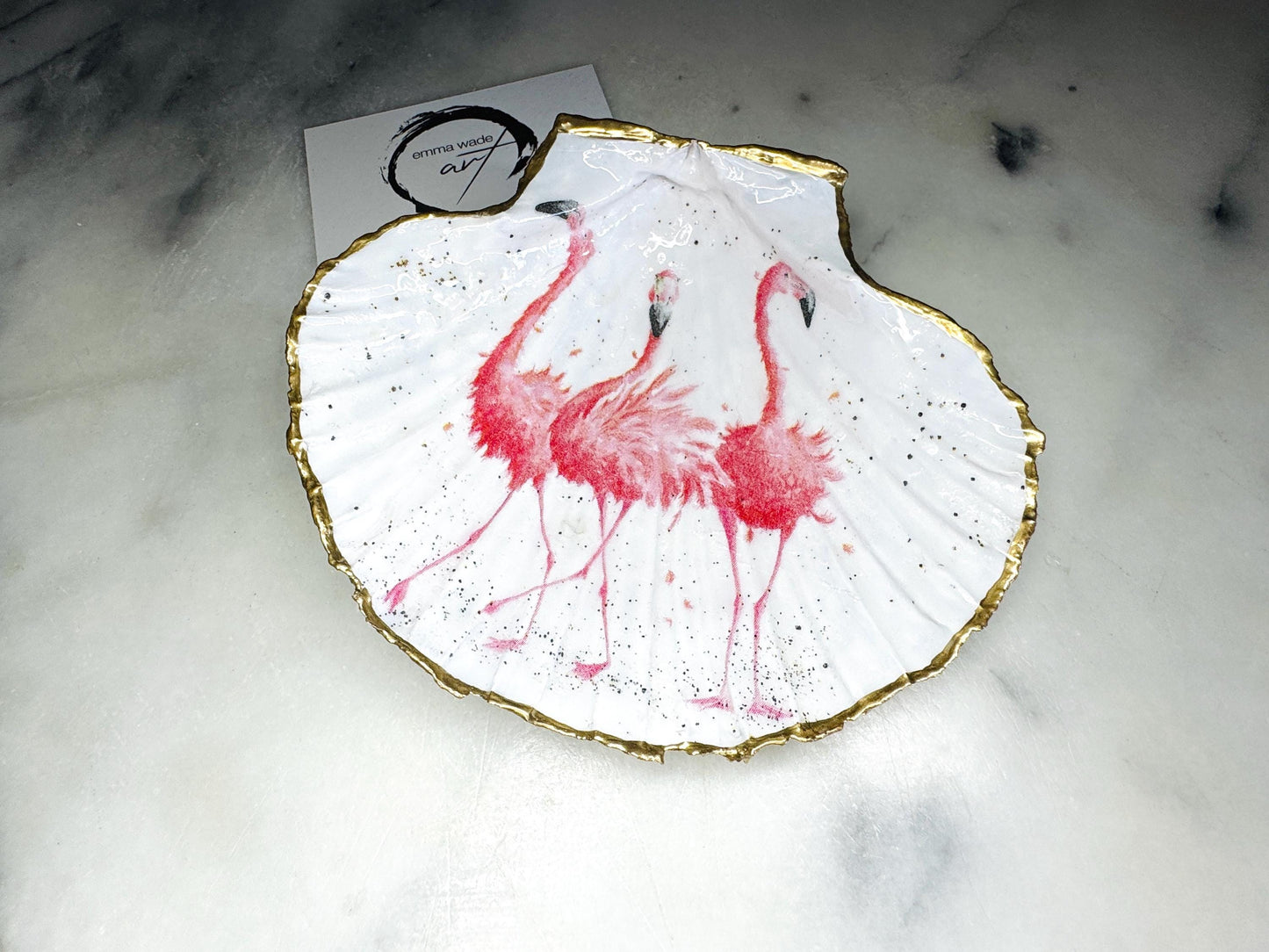 pink flamingo gift, Flamingo art, Decoupage scallop, shell trinket dish, jewellery shell dish, gift for her, ring carrier dish, coastal decor, shell Decor, pink bird dish, nature lover gift, coastal gift, gift for her, decorated dish, jewelry trinket dish, decoupage scallop shell, coastal decor by EmmaWadeART, ocean jewelry dish, ocean decor, shell trinket tray, scallop trinket tray, shell art, handmade trinket dish, gold gilded dish, proposal dish, ring dish display, ring bearer dish