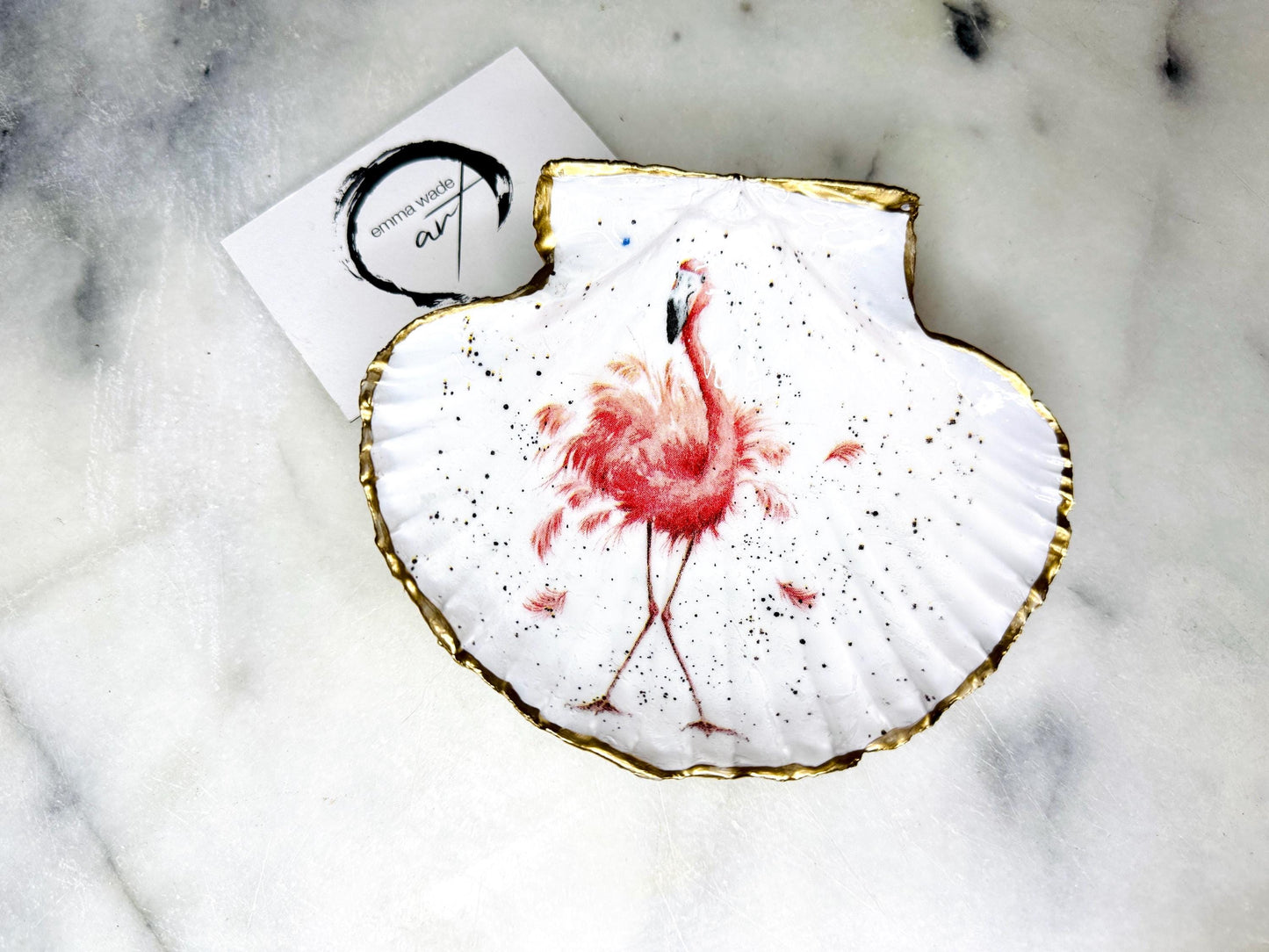 pink flamingo gift, Flamingo art, Decoupage scallop, shell trinket dish, jewellery shell dish, gift for her, ring carrier dish, coastal decor, shell Decor, pink bird dish, nature lover gift, coastal gift, gift for her, decorated dish, jewelry trinket dish, decoupage scallop shell, coastal decor by EmmaWadeART, ocean jewelry dish, ocean decor, shell trinket tray, scallop trinket tray, shell art, handmade trinket dish, gold gilded dish, proposal dish, ring dish display, ring bearer dish