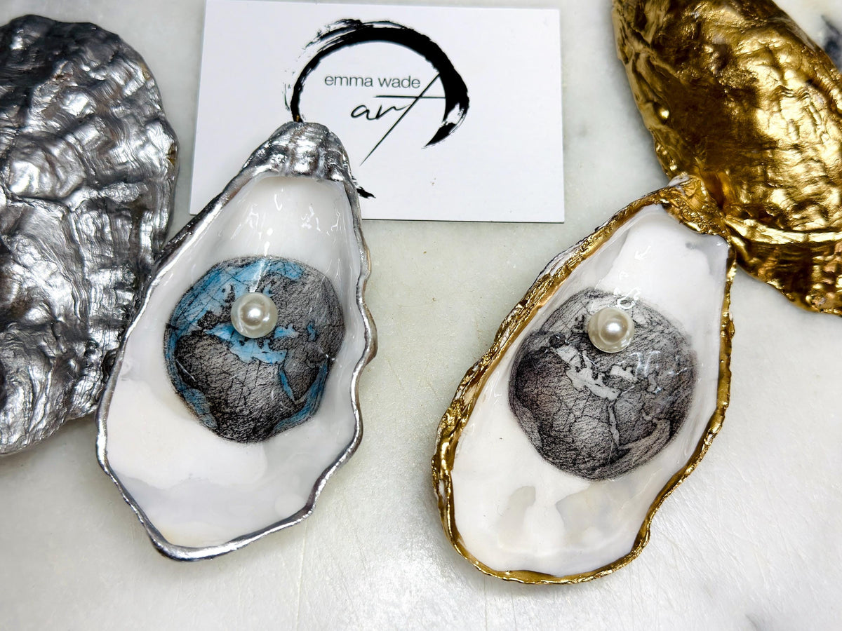 Hand Drawn World is my Oyster Pearl Shell Gift, Trinket Oyster Shell dish gold and silver gilding, gold leaf trinket tray, shell oyster dish, white Swarovski pearl shell bowl, decorative oyster shells, world Design Ouster key bowl, blue and gold shell dish, Swarovski Pearl ring dish, golden trinket dish, bride shell dish, shell jewellery bowl, decoupaged earrings dish, shell art trinket, silver leaf shell gift, Gold leaf shell trinket holder, hand painted shell with gold, Proposal Ring Tray