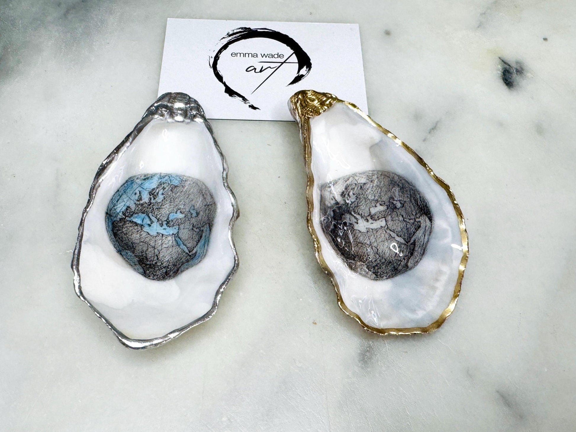 Hand Drawn World is my Oyster Pearl Shell Gift, Trinket Oyster Shell dish gold and silver gilding, gold leaf trinket tray, shell oyster dish, white Swarovski pearl shell bowl, decorative oyster shells, world Design Ouster key bowl, blue and gold shell dish, Swarovski Pearl ring dish, golden trinket dish, bride shell dish, shell jewellery bowl, decoupaged earrings dish, shell art trinket, silver leaf shell gift, Gold leaf shell trinket holder, hand painted shell with gold, Proposal Ring Tray