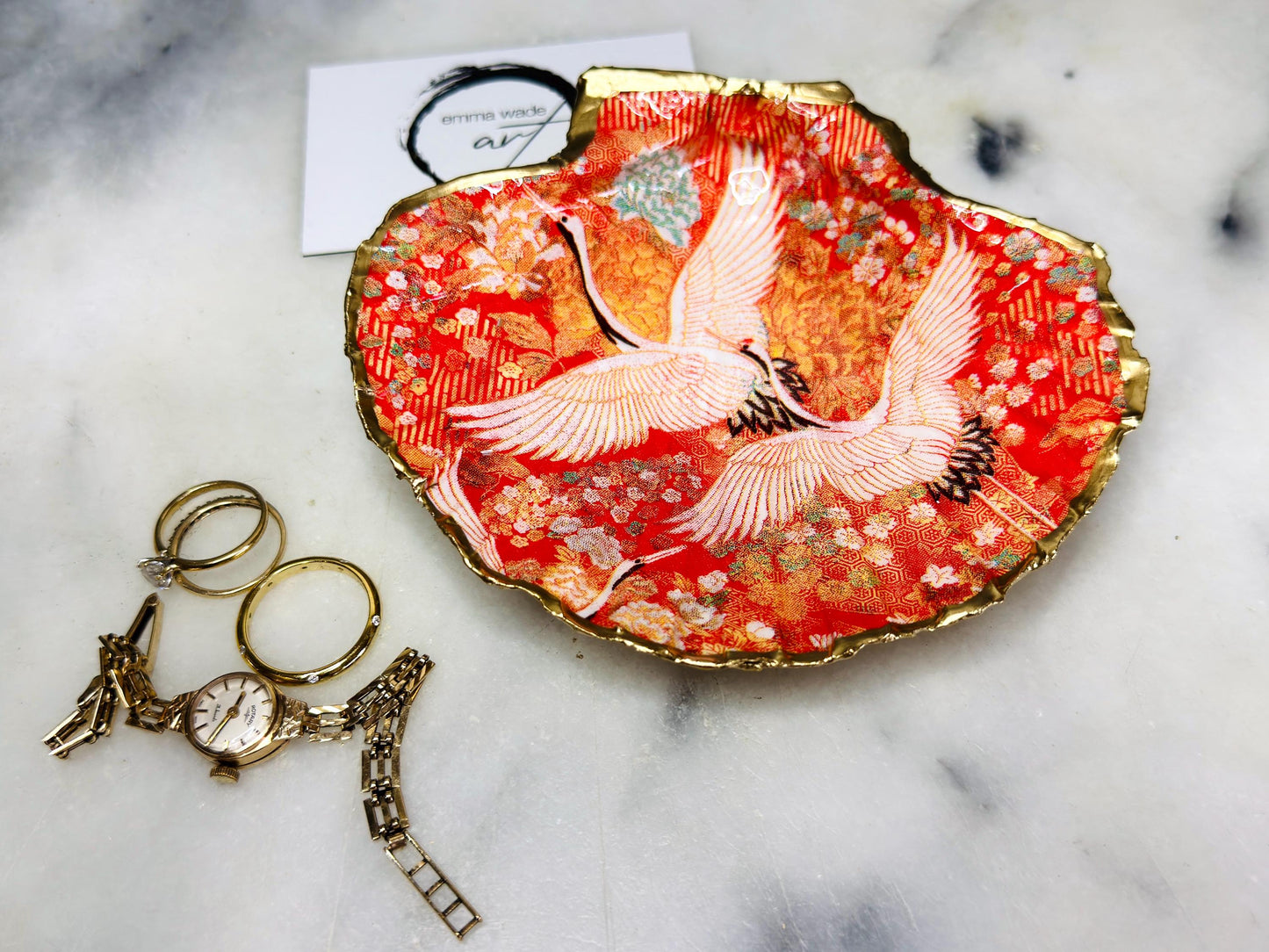 Orange Flamingo shell dish, Japanese kimono Trinket dishes gold finish, gold leaf trinket tray, shell scallop dish, bird design shell trinket tray, decorative scallop shells, orange shell key bowl, gold leaf ring dish, Bird ring dish, golden trinket dish, bride oyster dish, shell jewellery bowl, decoupaged earrings dish, shell art trinket, art dish, Gold shell trinket, painted shell with gold, shell jewellery dish, coastal ring holder, Proposal Ring Tray, Painted Key Bowl, coastal host gift