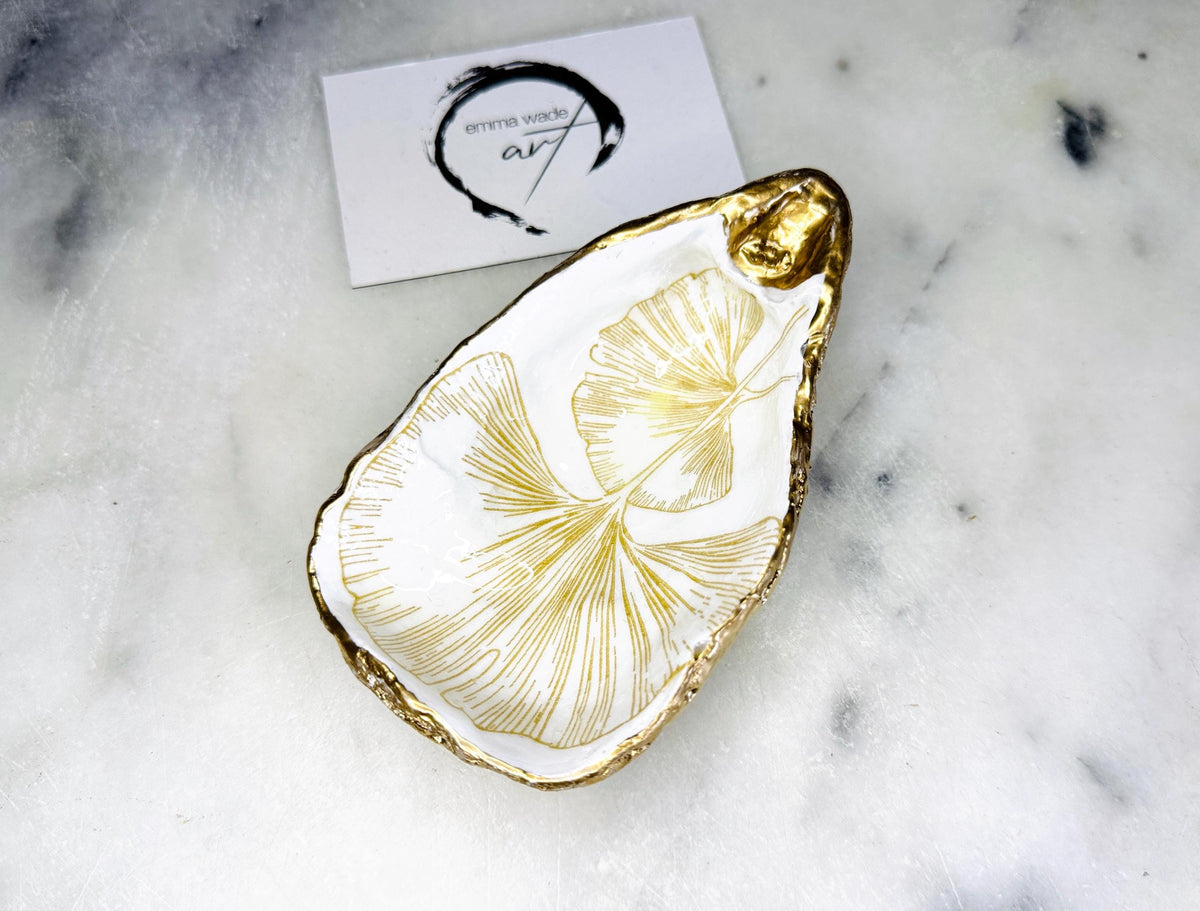 Pair of Gold white Gingko Flower Oyster salt Dishes, Seashell salt dish, shell salt, oyster salt tray, salt and pepper shell, salt and pepper shell box, oyster shell salt and pepper, sea shell salt, Gingko gold gilded shell dish set, seashell salt holder, oyster shell sugar dish, oyster salt dish, oyster pinch bowl, salt crystal bowl, shell salt dish, oyster salt cellar, oyster salt and pepper holders, salt and pepper dish set, Host Gift, Dining Decor, white And gold Contemporary pinch pots