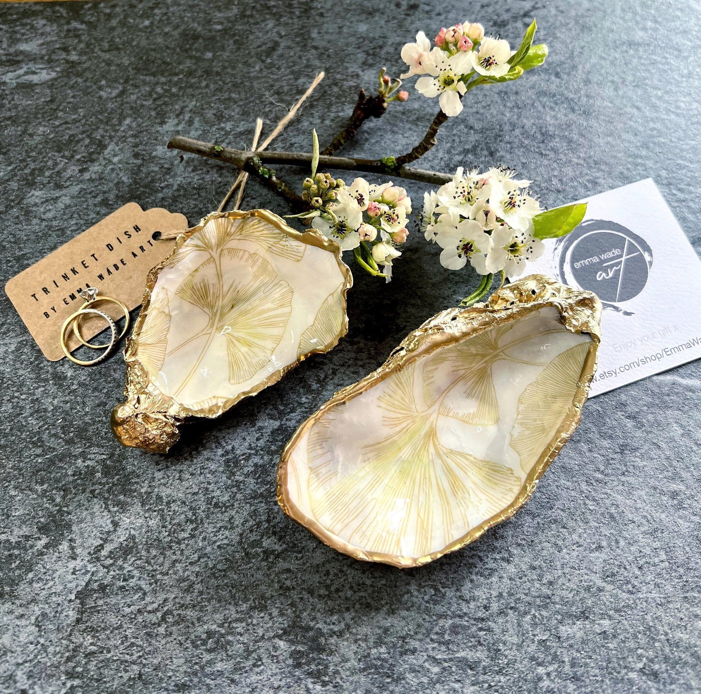 Japanese Gingko Leaf Oyster Ring Shell Dish: Gold Gilded Shell Trinket Tray, Coastal Gift, Botanical Gift