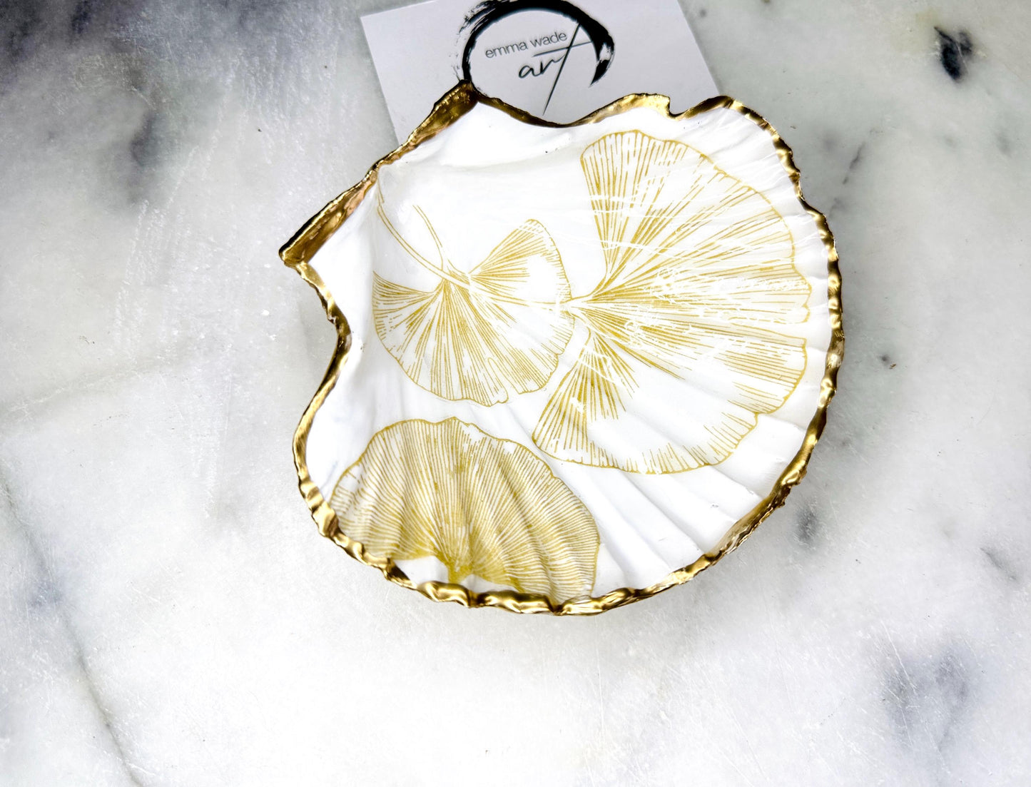 Scallop Hell Dish hand crafted with gold and white Gingko Designs, shellfish jewellery dish, UK Natural Scallop trinket tray, shell scallop dish, trinket tray shell, scallop shell jewellery bowl, golden trinket dish, decoupaged earring dish, scallop dish with gingko, decoupage shell dish, Emma Wade art, bride scallop dish, scallop shell trinket bowl, shell key bowl, gold gilded shell gift, coastal shell gift, gold white host gift, gold shell ornament, decoupage shell ring dish