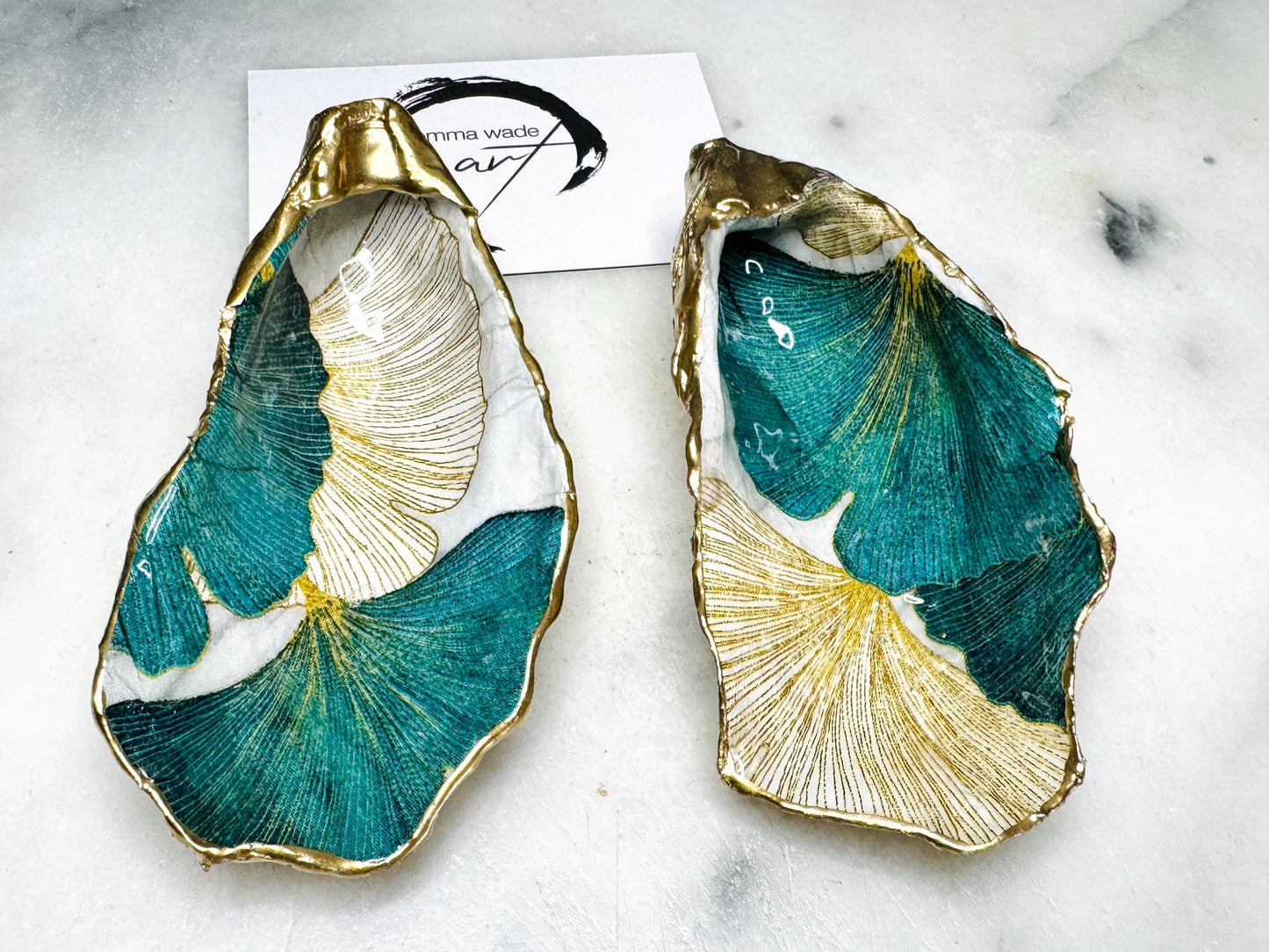 Japanese Green Ginkgo Oyster Trinket Dish, Floral Shell Ring Dish, Handmade Shell Dish, Coastal Fecor