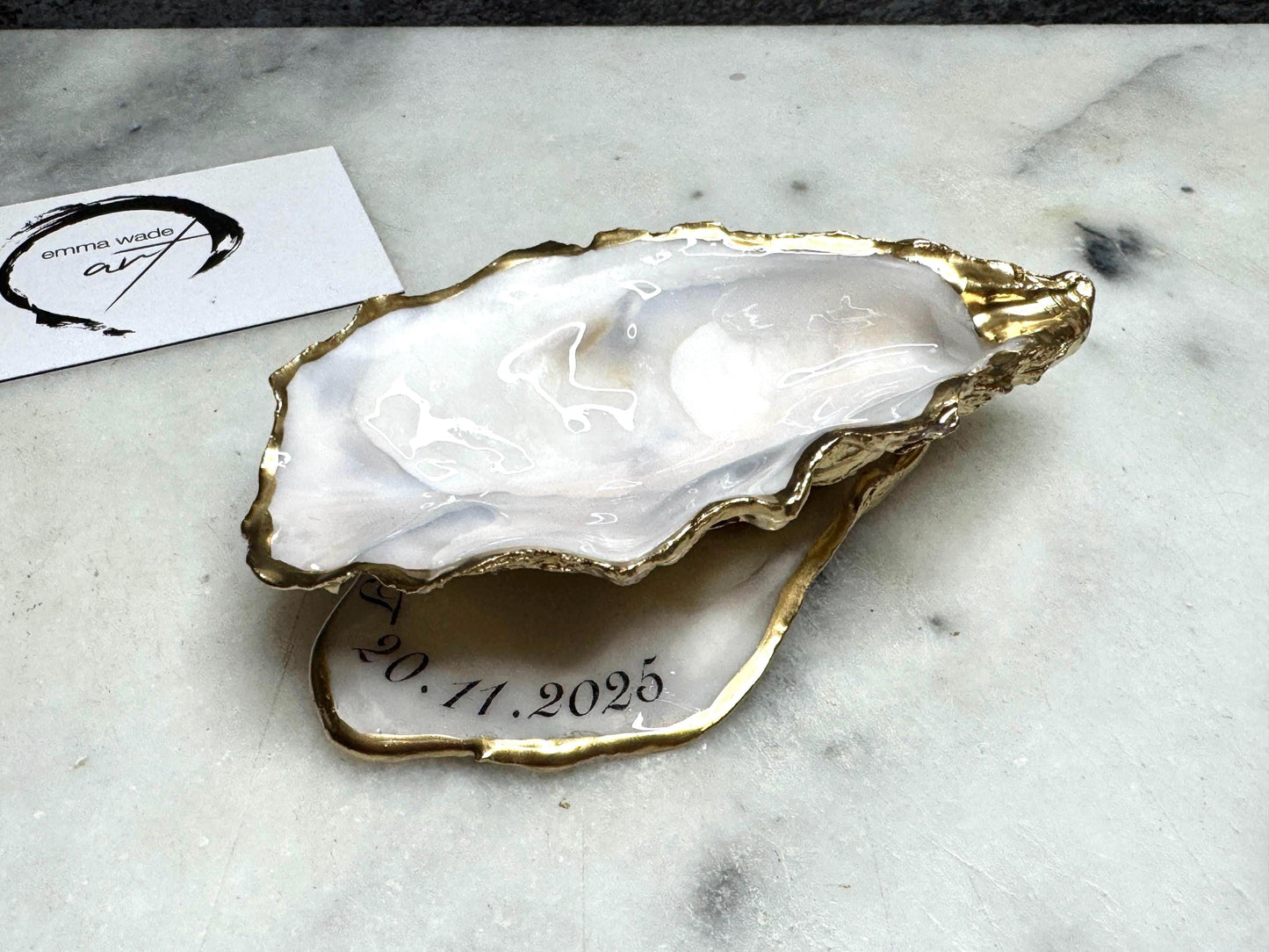 Gift for her, Gift for him, oyster shell box, Ring holder, Pearl Trinket shell dish, jewelry oyster dish, bridesmaid gift idea,  Wedding favours, personalised oyster dish, Coastal decor, EmmaWadeART, coastal decor, wedding table decor, oyster place name, ring bearer box, oyster ring display, ocean shell ring box, oyster ring tray, personalised oyster dish, EmmaWadeART, shell trinket tray, wedding ring display box, ocean wedding gift, pearl oyster dish, personalised proposal shell jewellery box