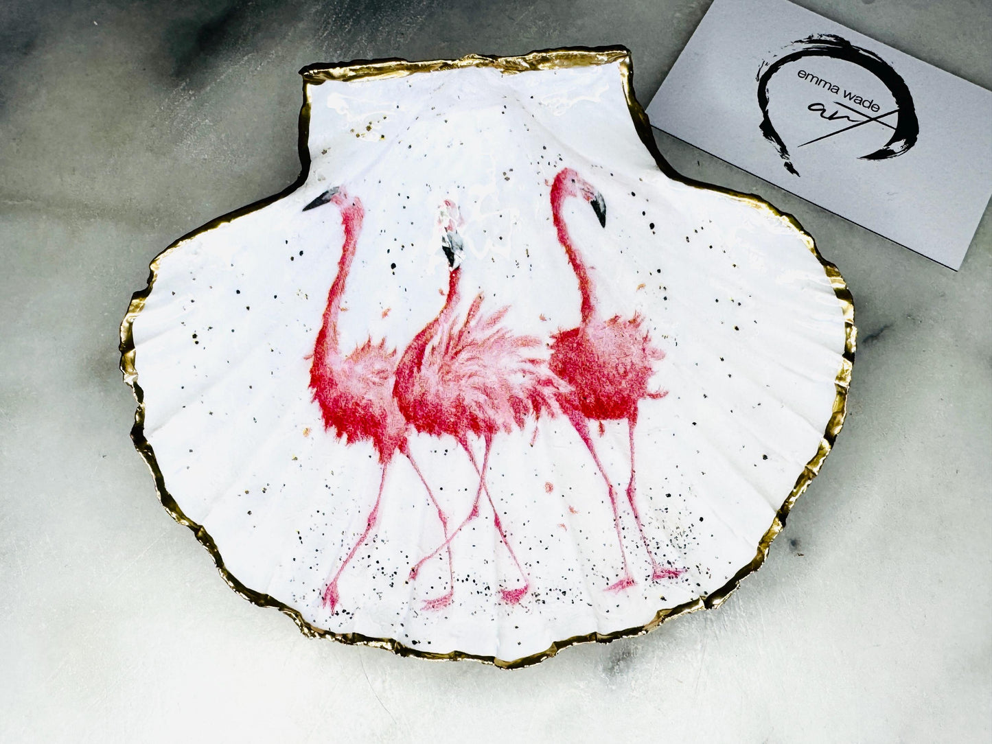 pink flamingo gift, Flamingo art, Decoupage scallop, shell trinket dish, jewellery shell dish, gift for her, ring carrier dish, coastal decor, shell Decor, pink bird dish, nature lover gift, coastal gift, gift for her, decorated dish, jewelry trinket dish, decoupage scallop shell, coastal decor by EmmaWadeART, ocean jewelry dish, ocean decor, shell trinket tray, scallop trinket tray, shell art, handmade trinket dish, gold gilded dish, proposal dish, ring dish display, ring bearer dish
