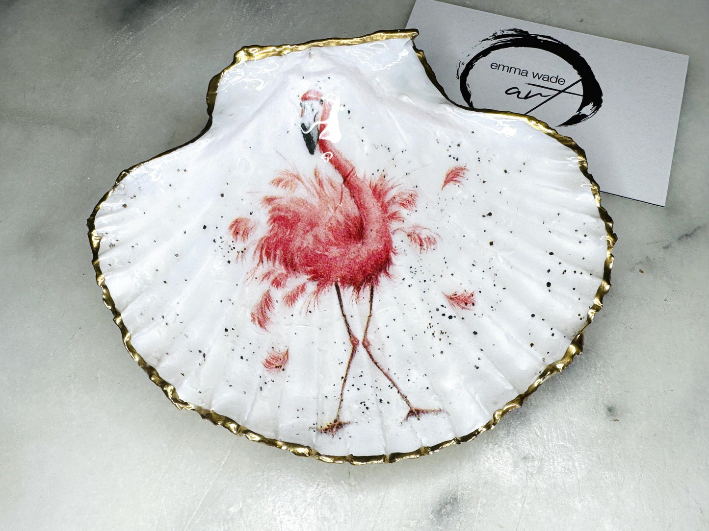 pink flamingo gift, Flamingo art, Decoupage scallop, shell trinket dish, jewellery shell dish, gift for her, ring carrier dish, coastal decor, shell Decor, pink bird dish, nature lover gift, coastal gift, gift for her, decorated dish, jewelry trinket dish, decoupage scallop shell, coastal decor by EmmaWadeART, ocean jewelry dish, ocean decor, shell trinket tray, scallop trinket tray, shell art, handmade trinket dish, gold gilded dish, proposal dish, ring dish display, ring bearer dish