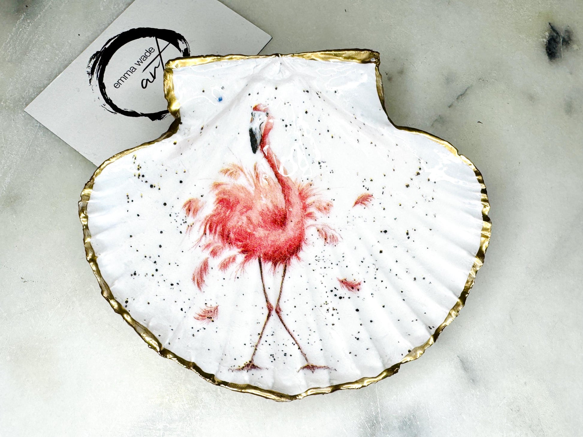 pink flamingo gift, Flamingo art, Decoupage scallop, shell trinket dish, jewellery shell dish, gift for her, ring carrier dish, coastal decor, shell Decor, pink bird dish, nature lover gift, coastal gift, gift for her, decorated dish, jewelry trinket dish, decoupage scallop shell, coastal decor by EmmaWadeART, ocean jewelry dish, ocean decor, shell trinket tray, scallop trinket tray, shell art, handmade trinket dish, gold gilded dish, proposal dish, ring dish display, ring bearer dish
