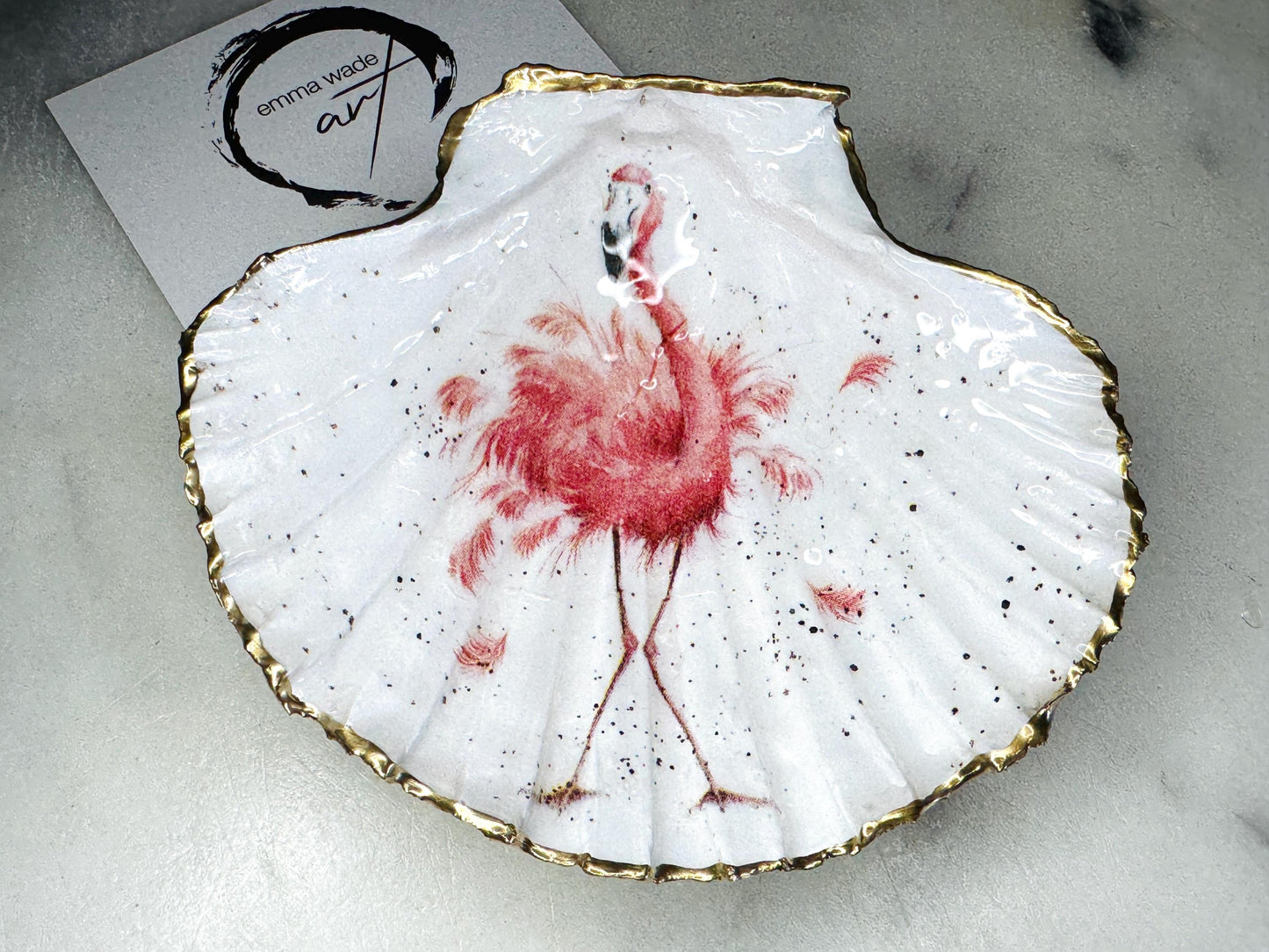 pink flamingo gift, Flamingo art, Decoupage scallop, shell trinket dish, jewellery shell dish, gift for her, ring carrier dish, coastal decor, shell Decor, pink bird dish, nature lover gift, coastal gift, gift for her, decorated dish, jewelry trinket dish, decoupage scallop shell, coastal decor by EmmaWadeART, ocean jewelry dish, ocean decor, shell trinket tray, scallop trinket tray, shell art, handmade trinket dish, gold gilded dish, proposal dish, ring dish display, ring bearer dish