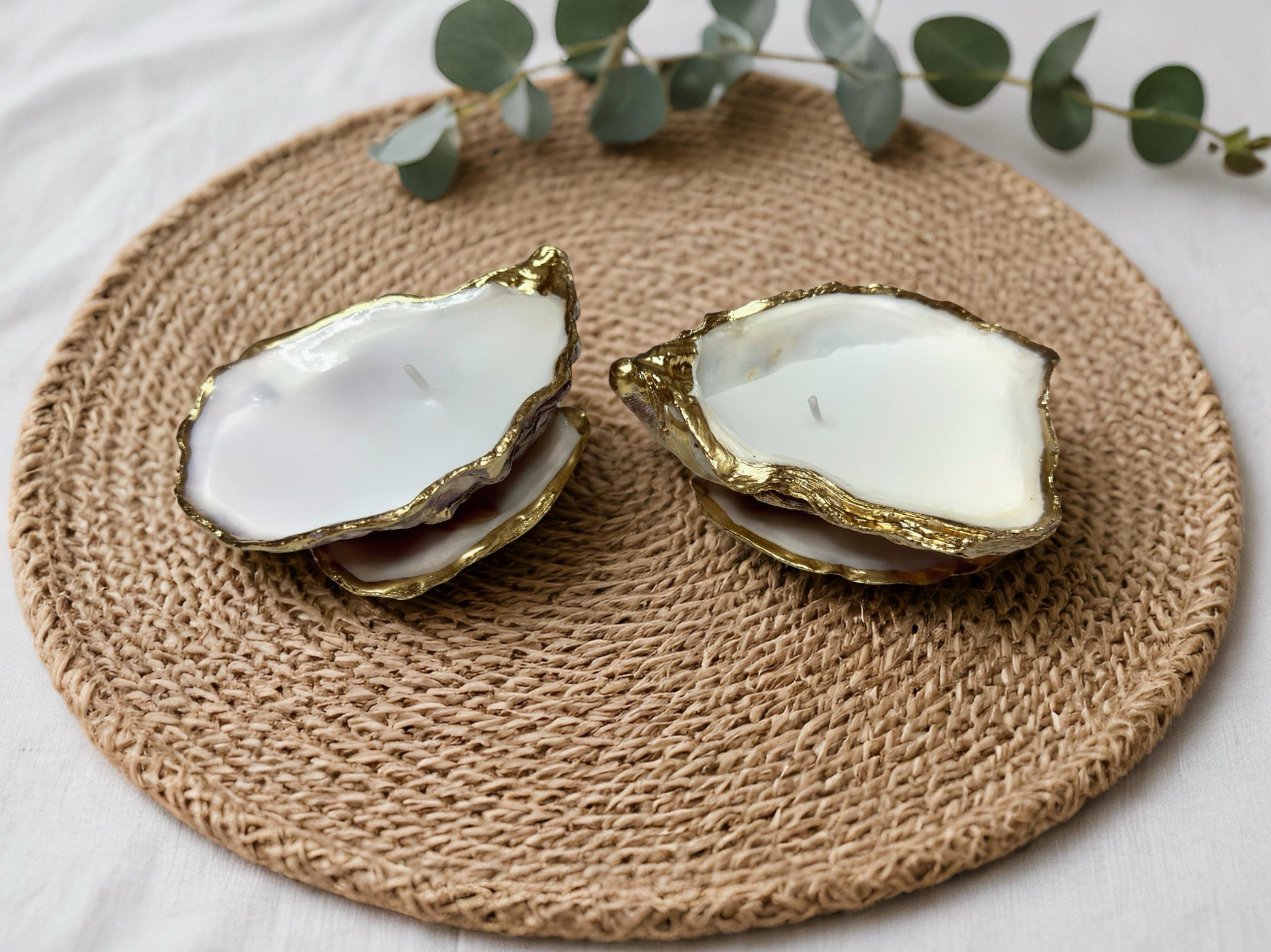 oyster shell candle, gold oyster candle, gilded oyster shells, hand poured candle, coastal decor, ocean inspired candle, beach home decor, sustainable candle, handmade in Surrey, luxury shell candle, sea lover gift, oyster shell pair, artisan candle, eco friendly candle, gold rim shell, nautical decor, ocean gift, coastal homeware, handmade oyster shell candle, shell wedding decor, seaside candle, mother of pearl shell, gold edged candle, beach cottage style, elegant coastal gift