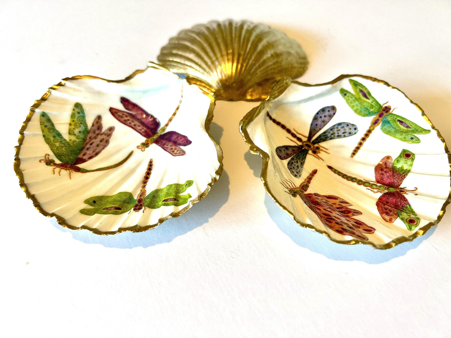 Handmade dragonfly scallop shell trinket dish with gold leaf edging and glossy resin finish. Coastal jewellery and ring dish crafted from a natural Dorset scallop shell, featuring colourful dragonfly artwork. Decorative shell bowl photographed on a light background, showing the natural shell shape and shimmering gilded edges, ideal for holding rings, earrings, trinkets or small treasures.