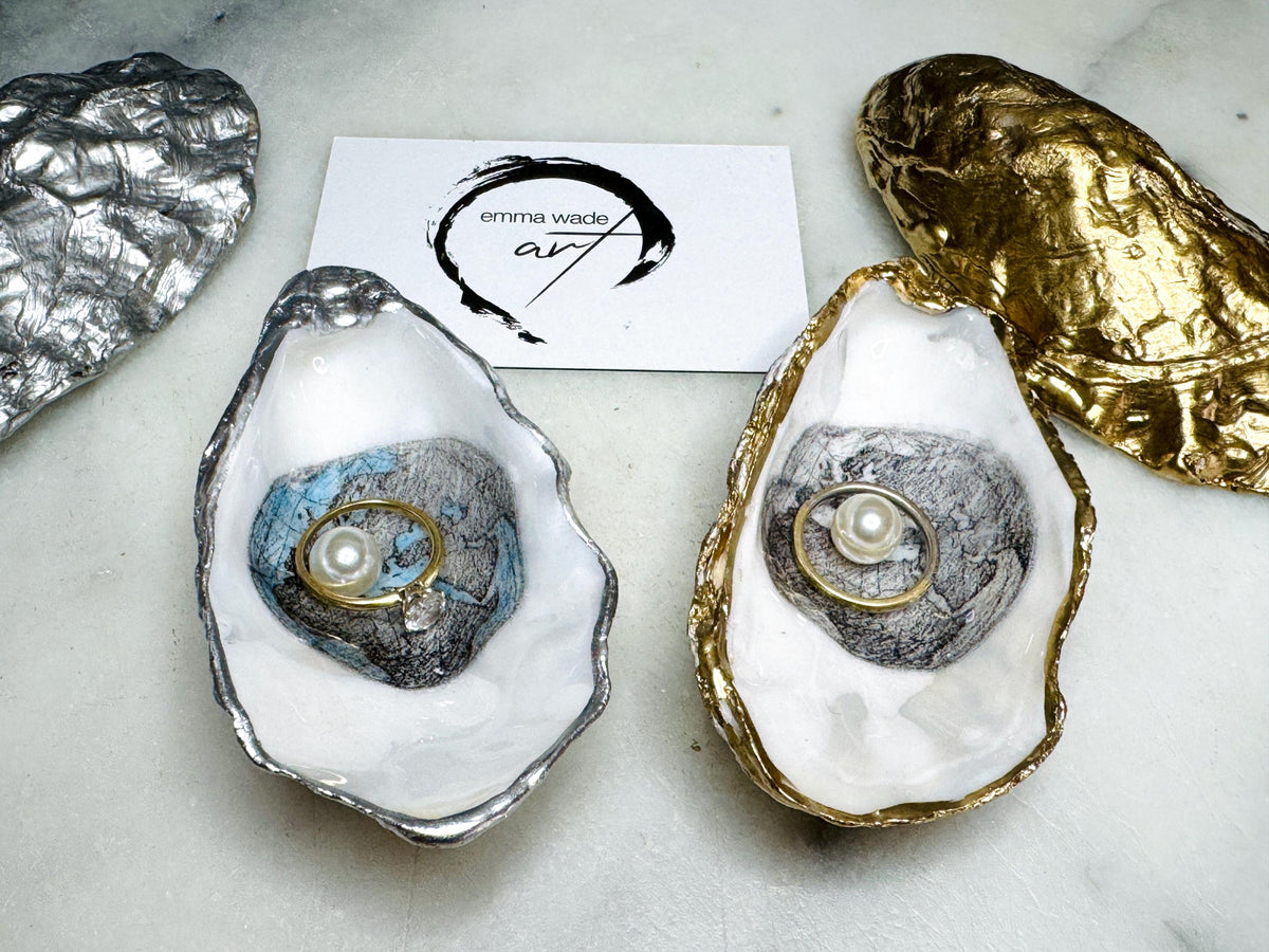 Hand Drawn World is my Oyster Pearl Shell Gift, Trinket Oyster Shell dish gold and silver gilding, gold leaf trinket tray, shell oyster dish, white Swarovski pearl shell bowl, decorative oyster shells, world Design Ouster key bowl, blue and gold shell dish, Swarovski Pearl ring dish, golden trinket dish, bride shell dish, shell jewellery bowl, decoupaged earrings dish, shell art trinket, silver leaf shell gift, Gold leaf shell trinket holder, hand painted shell with gold, Proposal Ring Tray