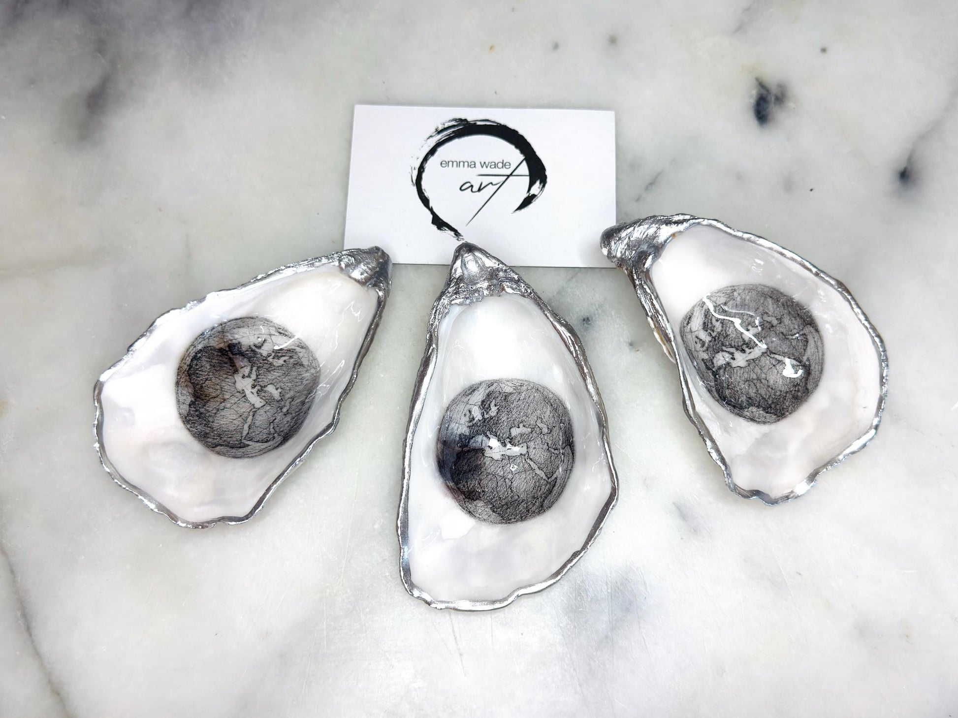 Hand Drawn World is my Oyster Pearl Shell Gift, Trinket Oyster Shell dish gold and silver gilding, gold leaf trinket tray, shell oyster dish, white Swarovski pearl shell bowl, decorative oyster shells, world Design Ouster key bowl, blue and gold shell dish, Swarovski Pearl ring dish, golden trinket dish, bride shell dish, shell jewellery bowl, decoupaged earrings dish, shell art trinket, silver leaf shell gift, Gold leaf shell trinket holder, hand painted shell with gold, Proposal Ring Tray