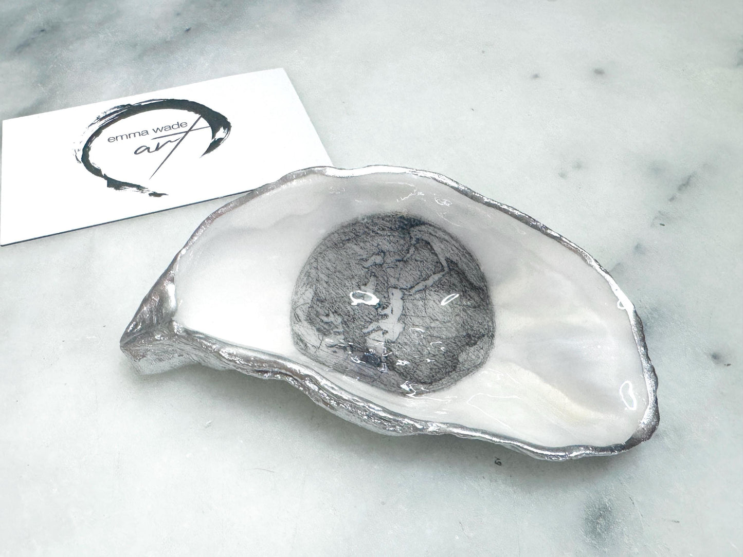 Hand Drawn World is my Oyster Pearl Shell Gift, Trinket Oyster Shell dish gold and silver gilding, gold leaf trinket tray, shell oyster dish, white Swarovski pearl shell bowl, decorative oyster shells, world Design Ouster key bowl, blue and gold shell dish, Swarovski Pearl ring dish, golden trinket dish, bride shell dish, shell jewellery bowl, decoupaged earrings dish, shell art trinket, silver leaf shell gift, Gold leaf shell trinket holder, hand painted shell with gold, Proposal Ring Tray