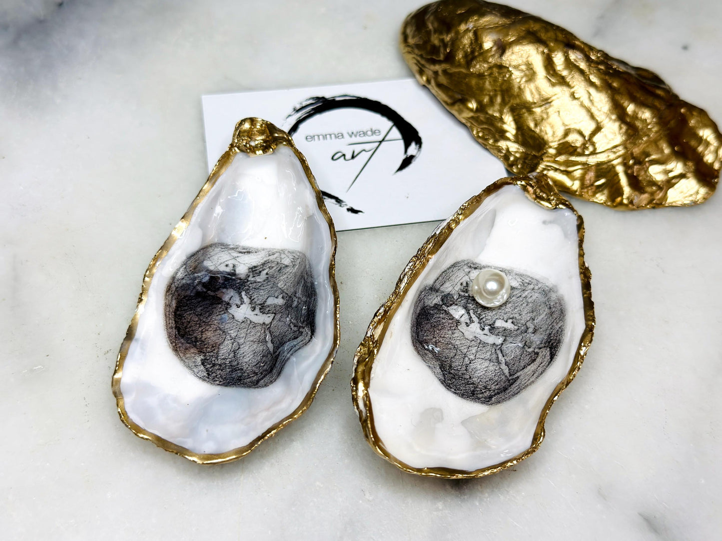 Hand Drawn World is my Oyster Pearl Shell Gift, Trinket Oyster Shell dish gold and silver gilding, gold leaf trinket tray, shell oyster dish, white Swarovski pearl shell bowl, decorative oyster shells, world Design Ouster key bowl, blue and gold shell dish, Swarovski Pearl ring dish, golden trinket dish, bride shell dish, shell jewellery bowl, decoupaged earrings dish, shell art trinket, silver leaf shell gift, Gold leaf shell trinket holder, hand painted shell with gold, Proposal Ring Tray