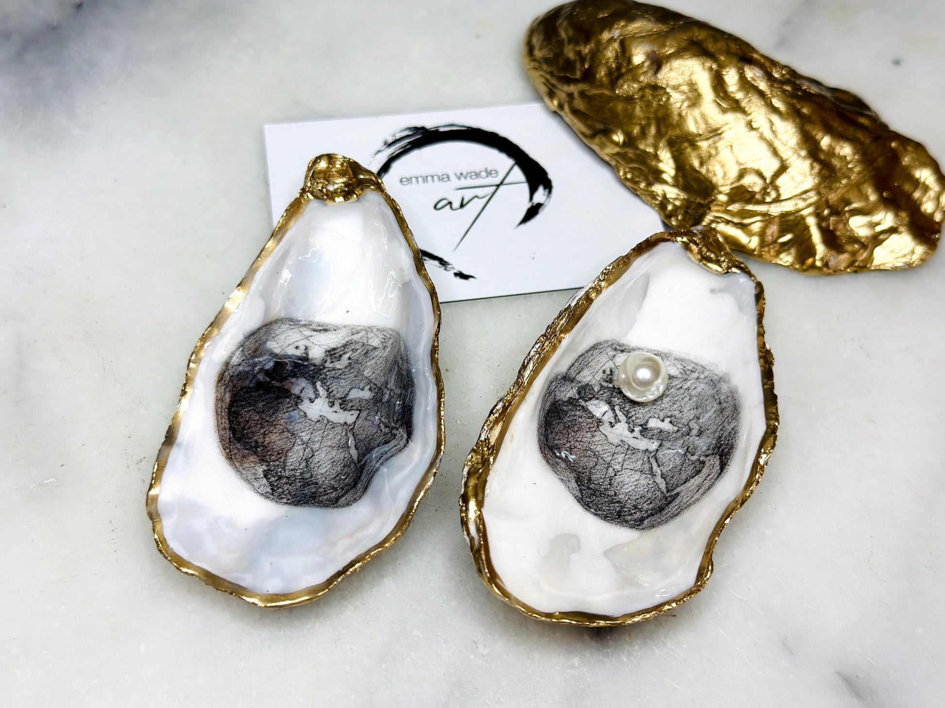 Hand Drawn World is my Oyster Pearl Shell Gift, Trinket Oyster Shell dish gold and silver gilding, gold leaf trinket tray, shell oyster dish, white Swarovski pearl shell bowl, decorative oyster shells, world Design Ouster key bowl, blue and gold shell dish, Swarovski Pearl ring dish, golden trinket dish, bride shell dish, shell jewellery bowl, decoupaged earrings dish, shell art trinket, silver leaf shell gift, Gold leaf shell trinket holder, hand painted shell with gold, Proposal Ring Tray