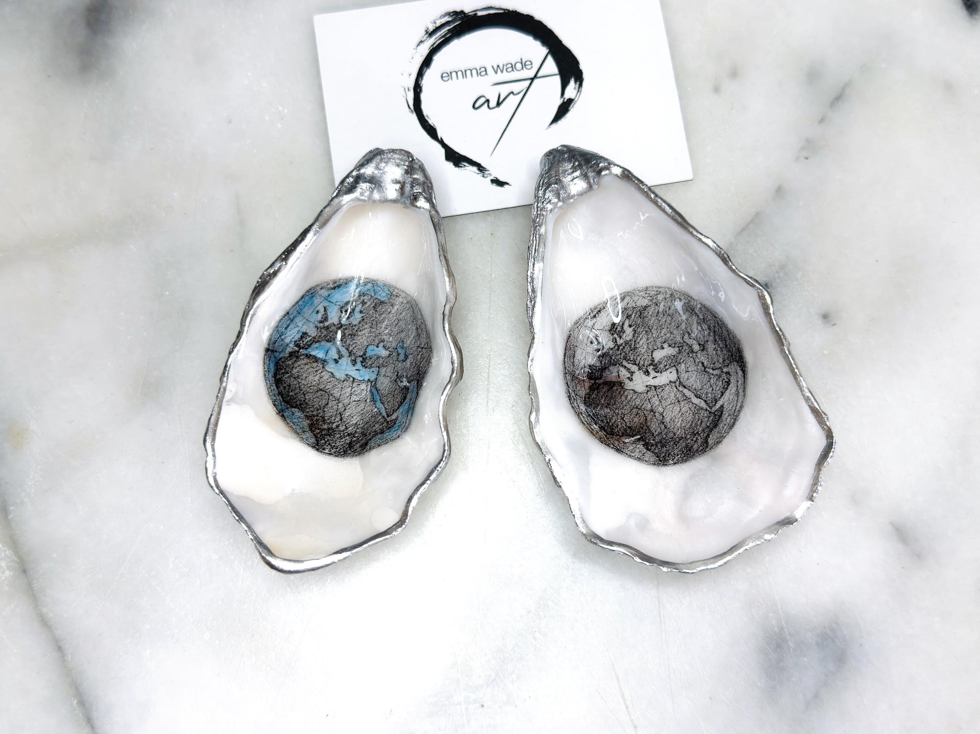 Hand Drawn World is my Oyster Pearl Shell Gift, Trinket Oyster Shell dish gold and silver gilding, gold leaf trinket tray, shell oyster dish, white Swarovski pearl shell bowl, decorative oyster shells, world Design Ouster key bowl, blue and gold shell dish, Swarovski Pearl ring dish, golden trinket dish, bride shell dish, shell jewellery bowl, decoupaged earrings dish, shell art trinket, silver leaf shell gift, Gold leaf shell trinket holder, hand painted shell with gold, Proposal Ring Tray