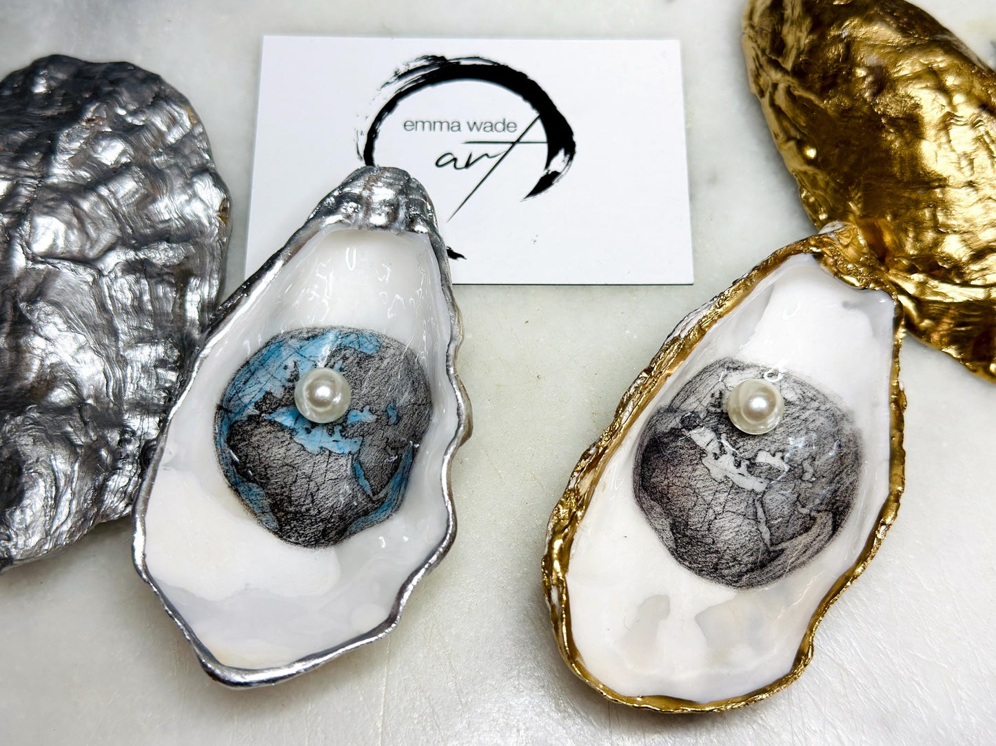 Hand Drawn World is my Oyster Pearl Shell Gift, Trinket Oyster Shell dish gold and silver gilding, gold leaf trinket tray, shell oyster dish, white Swarovski pearl shell bowl, decorative oyster shells, world Design Ouster key bowl, blue and gold shell dish, Swarovski Pearl ring dish, golden trinket dish, bride shell dish, shell jewellery bowl, decoupaged earrings dish, shell art trinket, silver leaf shell gift, Gold leaf shell trinket holder, hand painted shell with gold, Proposal Ring Tray