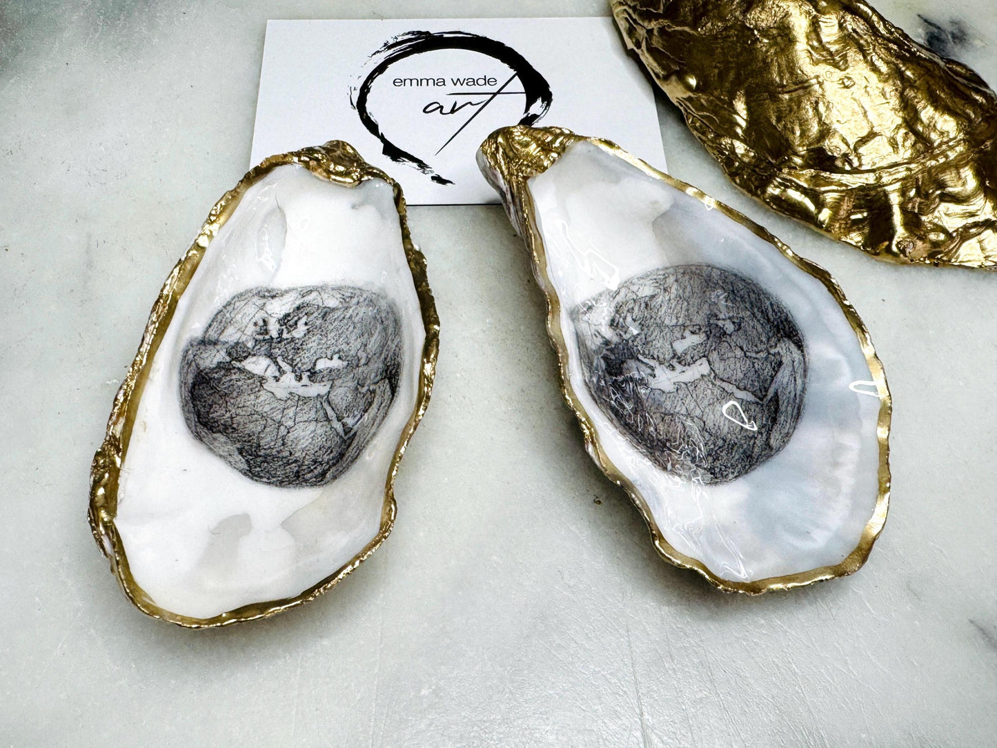 Hand Drawn World is my Oyster Pearl Shell Gift, Trinket Oyster Shell dish gold and silver gilding, gold leaf trinket tray, shell oyster dish, white Swarovski pearl shell bowl, decorative oyster shells, world Design Ouster key bowl, blue and gold shell dish, Swarovski Pearl ring dish, golden trinket dish, bride shell dish, shell jewellery bowl, decoupaged earrings dish, shell art trinket, silver leaf shell gift, Gold leaf shell trinket holder, hand painted shell with gold, Proposal Ring Tray