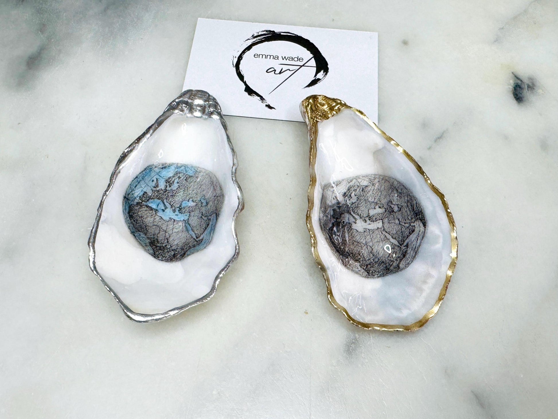 Hand Drawn World is my Oyster Pearl Shell Gift, Trinket Oyster Shell dish gold and silver gilding, gold leaf trinket tray, shell oyster dish, white Swarovski pearl shell bowl, decorative oyster shells, world Design Ouster key bowl, blue and gold shell dish, Swarovski Pearl ring dish, golden trinket dish, bride shell dish, shell jewellery bowl, decoupaged earrings dish, shell art trinket, silver leaf shell gift, Gold leaf shell trinket holder, hand painted shell with gold, Proposal Ring Tray