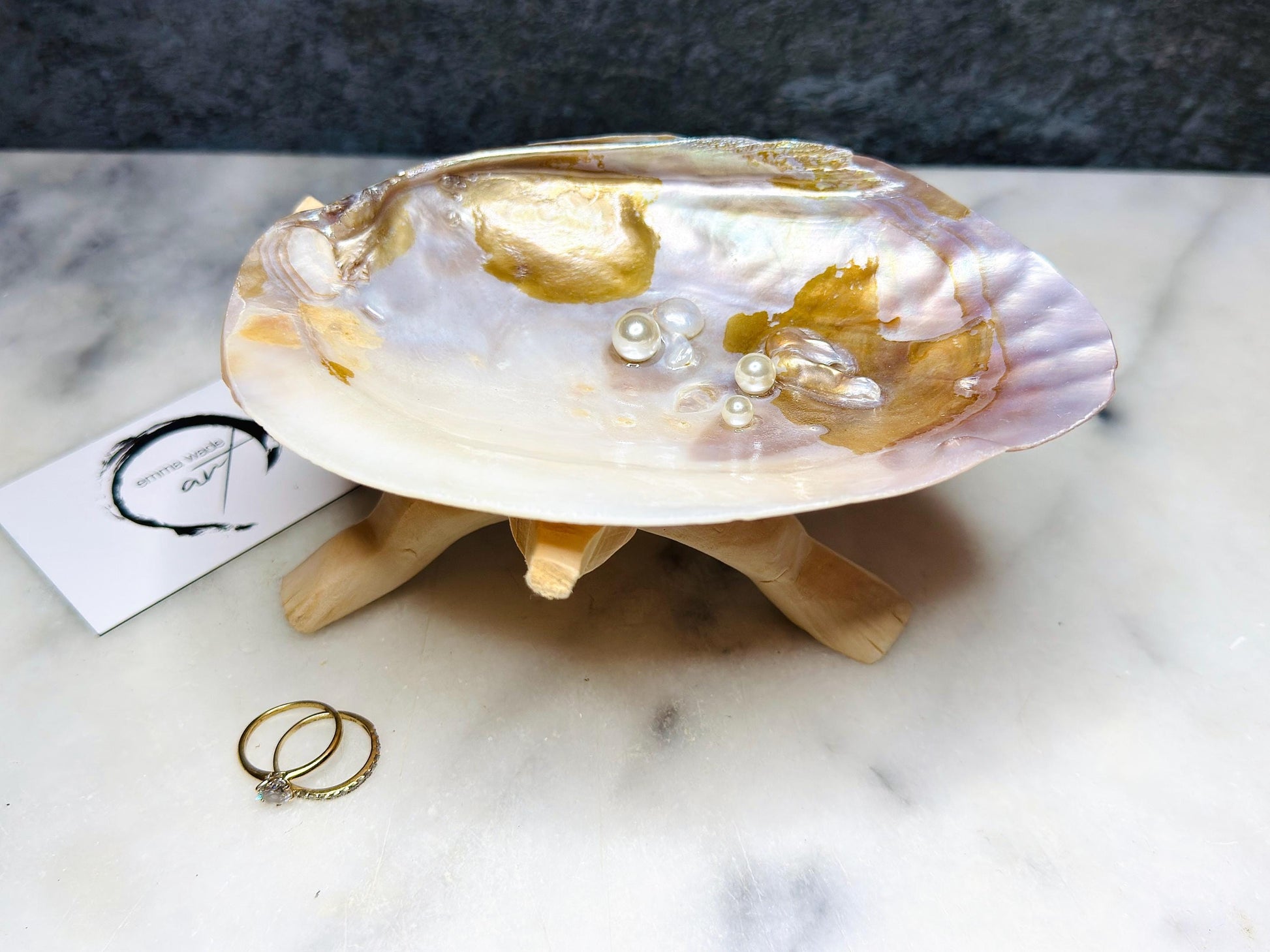 Natural freshwater oyster shell dish with Swarovski pearls, handmade coastal jewellery dish with glossy resin finish, luxury oyster shell decor with optional driftwood stand, pearlescent shell trinket tray, ring holder, coastal home styling accessory, unique artisan shell gift from Dorset UK