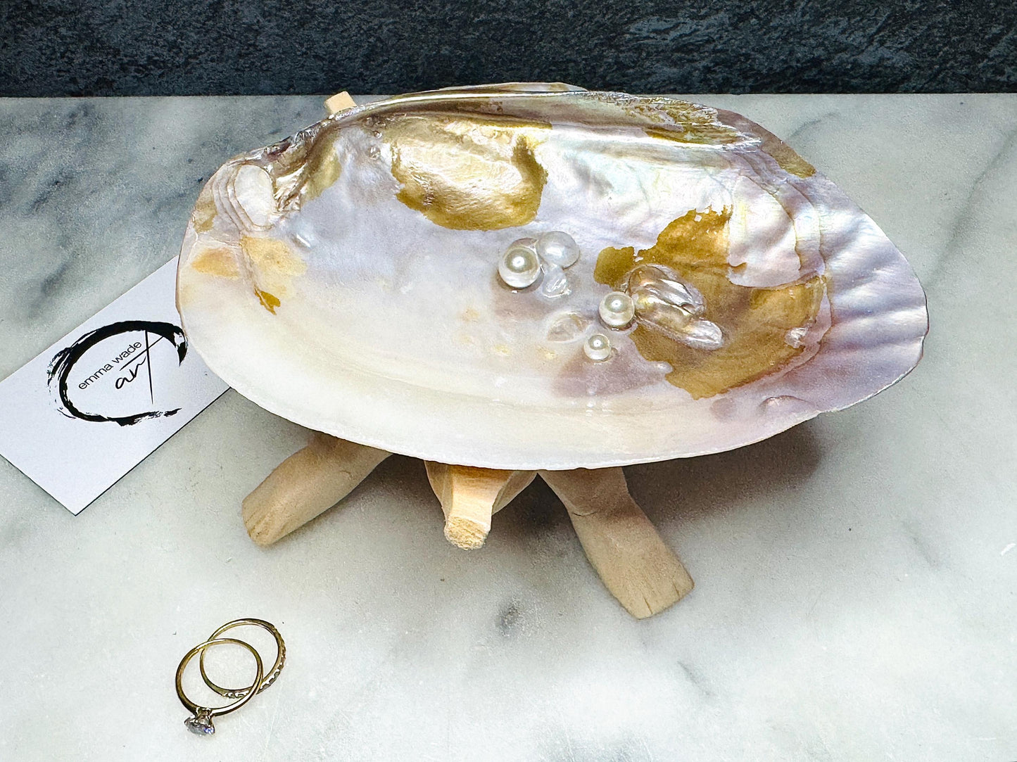 Natural freshwater oyster shell dish with Swarovski pearls, handmade coastal jewellery dish with glossy resin finish, luxury oyster shell decor with optional driftwood stand, pearlescent shell trinket tray, ring holder, coastal home styling accessory, unique artisan shell gift from Dorset UK