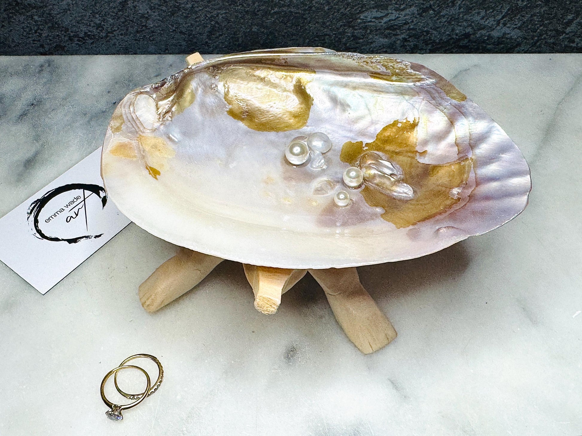 Natural freshwater oyster shell dish with Swarovski pearls, handmade coastal jewellery dish with glossy resin finish, luxury oyster shell decor with optional driftwood stand, pearlescent shell trinket tray, ring holder, coastal home styling accessory, unique artisan shell gift from Dorset UK
