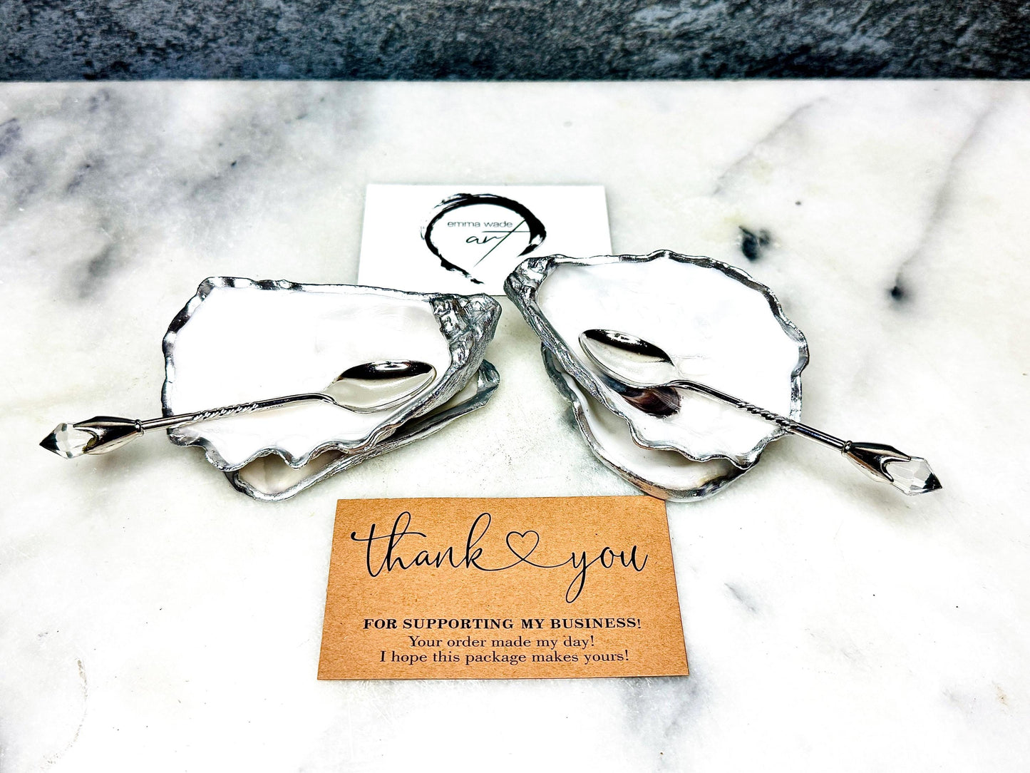 Pearl Oyster Shell Salt & Pepper Pinch Pots: Silver Leaf Accent, Optional Spoons