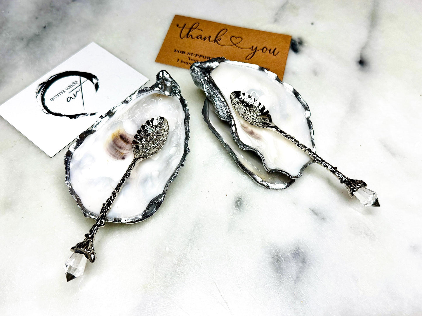 Pearl Oyster Shell Salt & Pepper Pinch Pots: Silver Leaf Accent, Optional Spoons