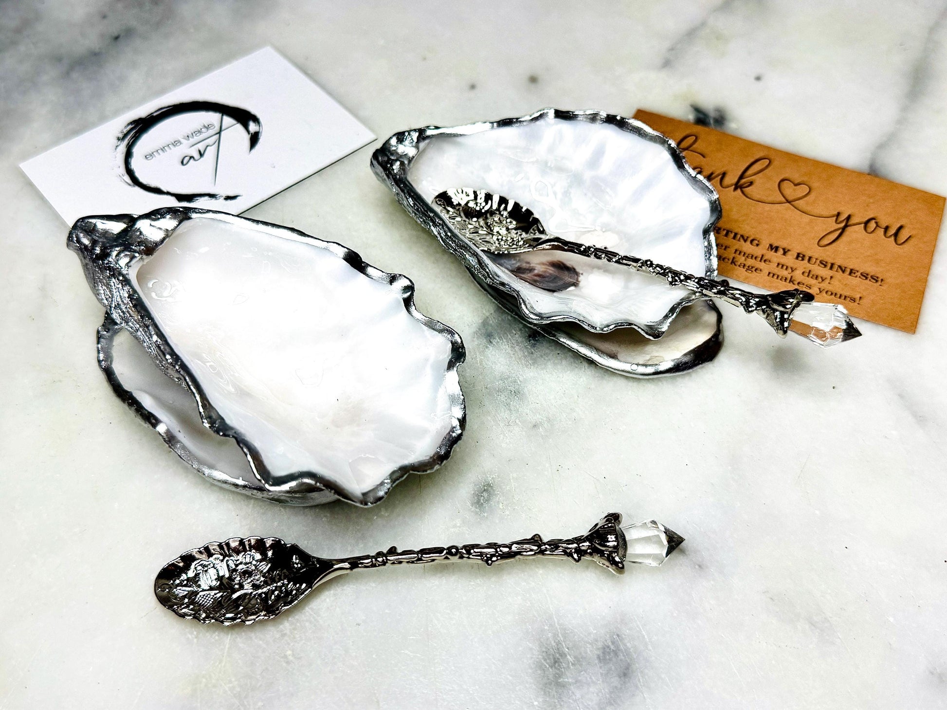 gift for her, dining decor, silver handmade dish, silver shell dishes, salt dishes, salt and pepper pots, spice pots, coastal gifts, home decor, wedding favours, bridesmaid gift, pearl anniversary, shell decor, decorative accessories, EmmaWadeART, coastal decor, silver oyster tray, silver leaf oyster, oyster dishes, pearl oyster gift, kitchen decor, oyster pinch pots, gift for mum, handmade shell dishes, oyster serving dishes, silver leaf oyster, oyster art, gift for him, chefs gift, table decor