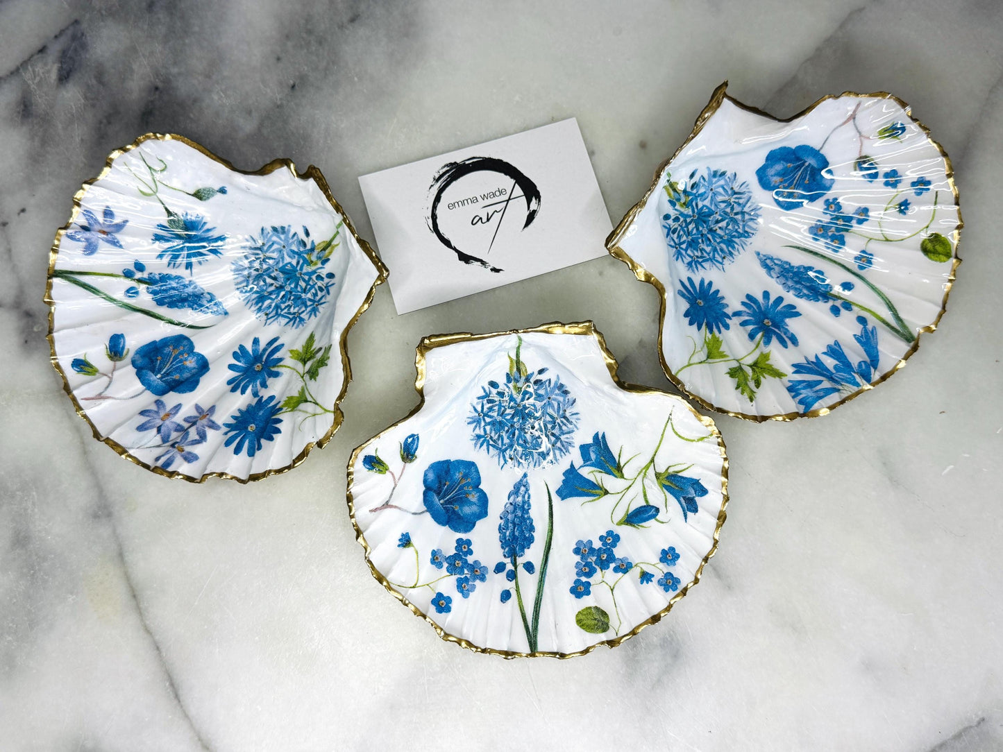 Hand Painted Scallop Shell Trinket Dish: Blue Spring Handmade Blue Spring Floral Scallop Trinket Dish | Gold Gilded Shell Ring Holder | Coastal Gift, Gold Leaf tray