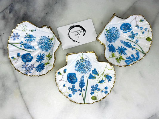 Hand Painted Scallop Shell Trinket Dish: Blue Spring Handmade Blue Spring Floral Scallop Trinket Dish | Gold Gilded Shell Ring Holder | Coastal Gift, Gold Leaf tray