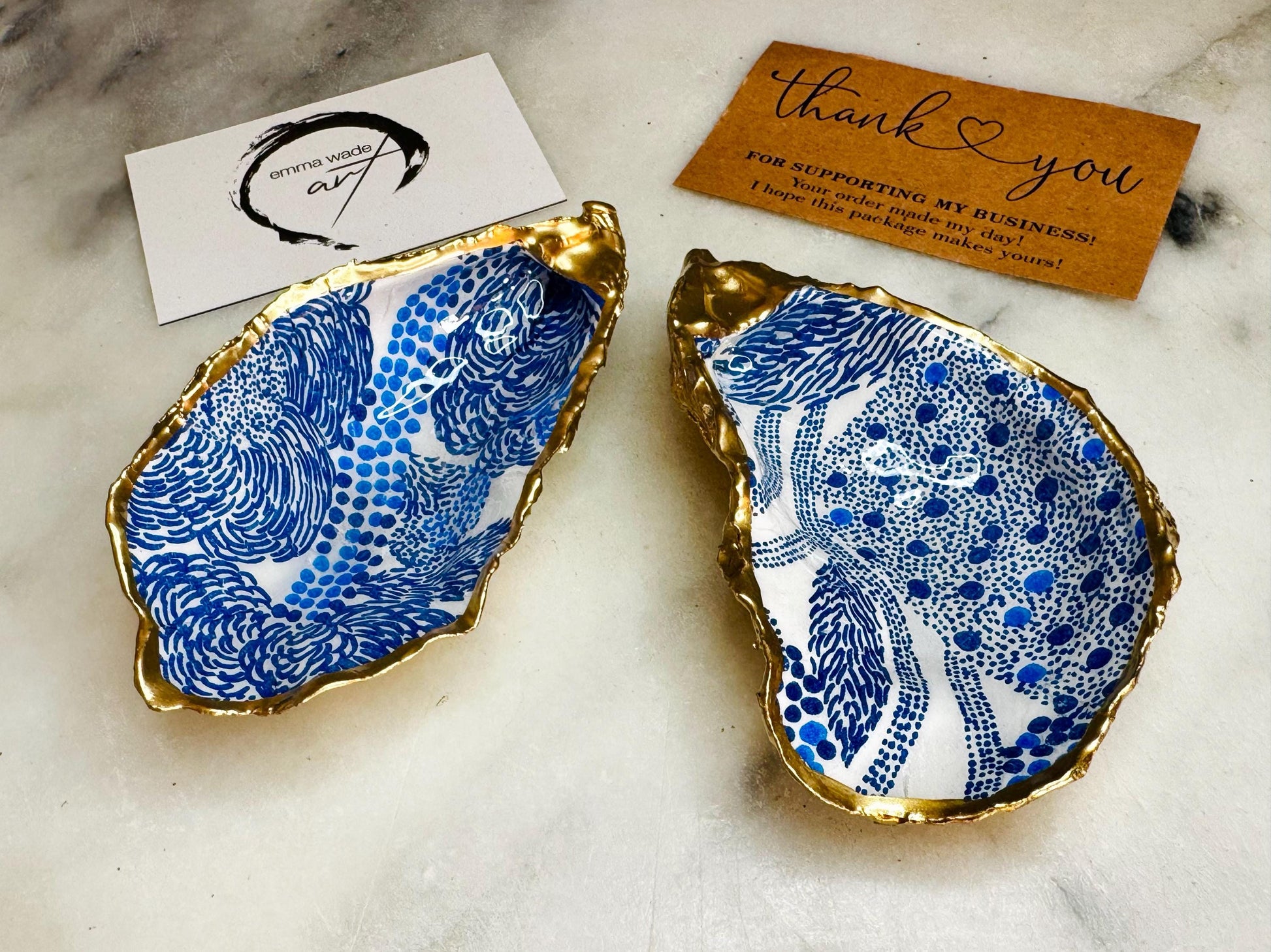 Blue Marimekko Oyster Shell Trinket Dish | Hand Gilded Gold Leaf Jewellery Holder | Scandinavian Coastal Decor