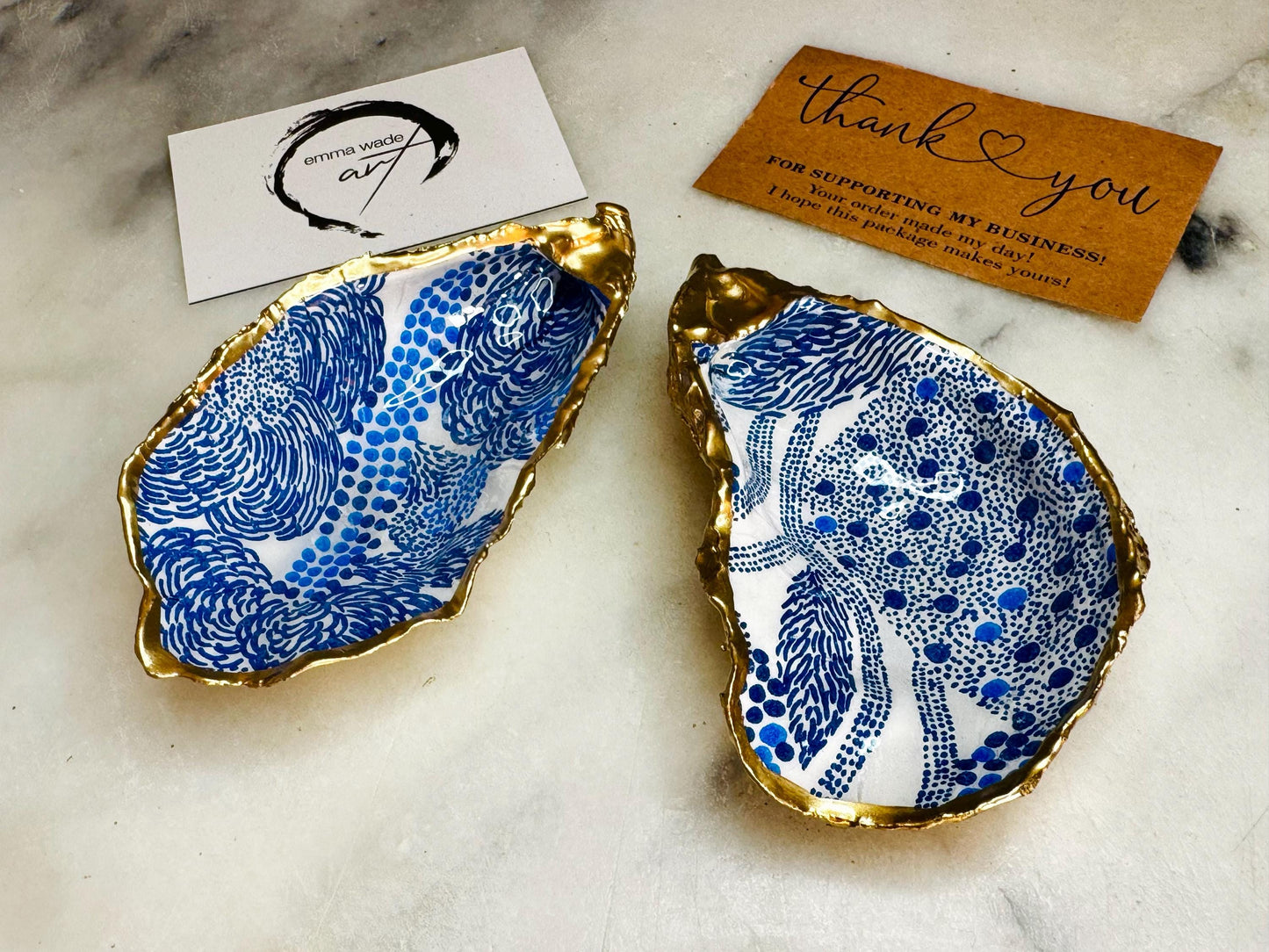 Blue Marimekko Oyster Shell Trinket Dish | Hand Gilded Gold Leaf Jewellery Holder | Scandinavian Coastal Decor