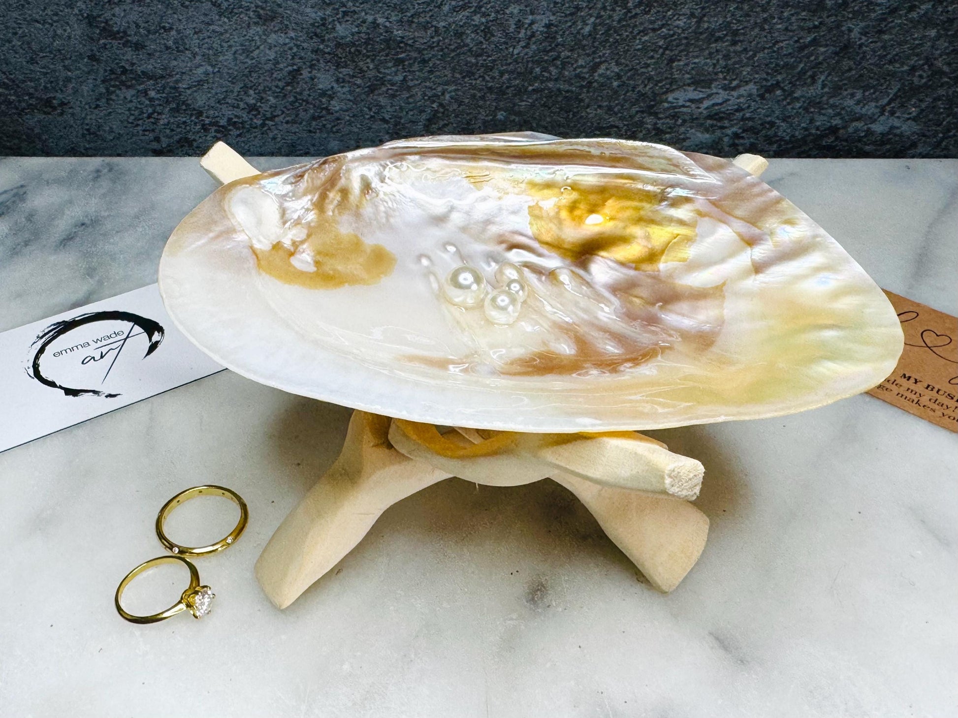 Natural freshwater oyster shell dish with Swarovski pearls, handmade coastal jewellery dish with glossy resin finish, luxury oyster shell decor with optional driftwood stand, pearlescent shell trinket tray, ring holder, coastal home styling accessory, unique artisan shell gift from Dorset UK
