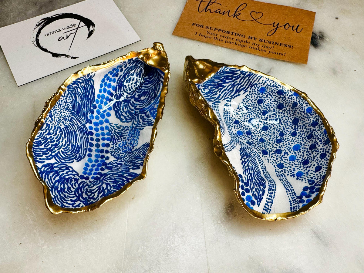 Blue Marimekko Oyster Shell Trinket Dish | Hand Gilded Gold Leaf Jewellery Holder | Scandinavian Coastal Decor