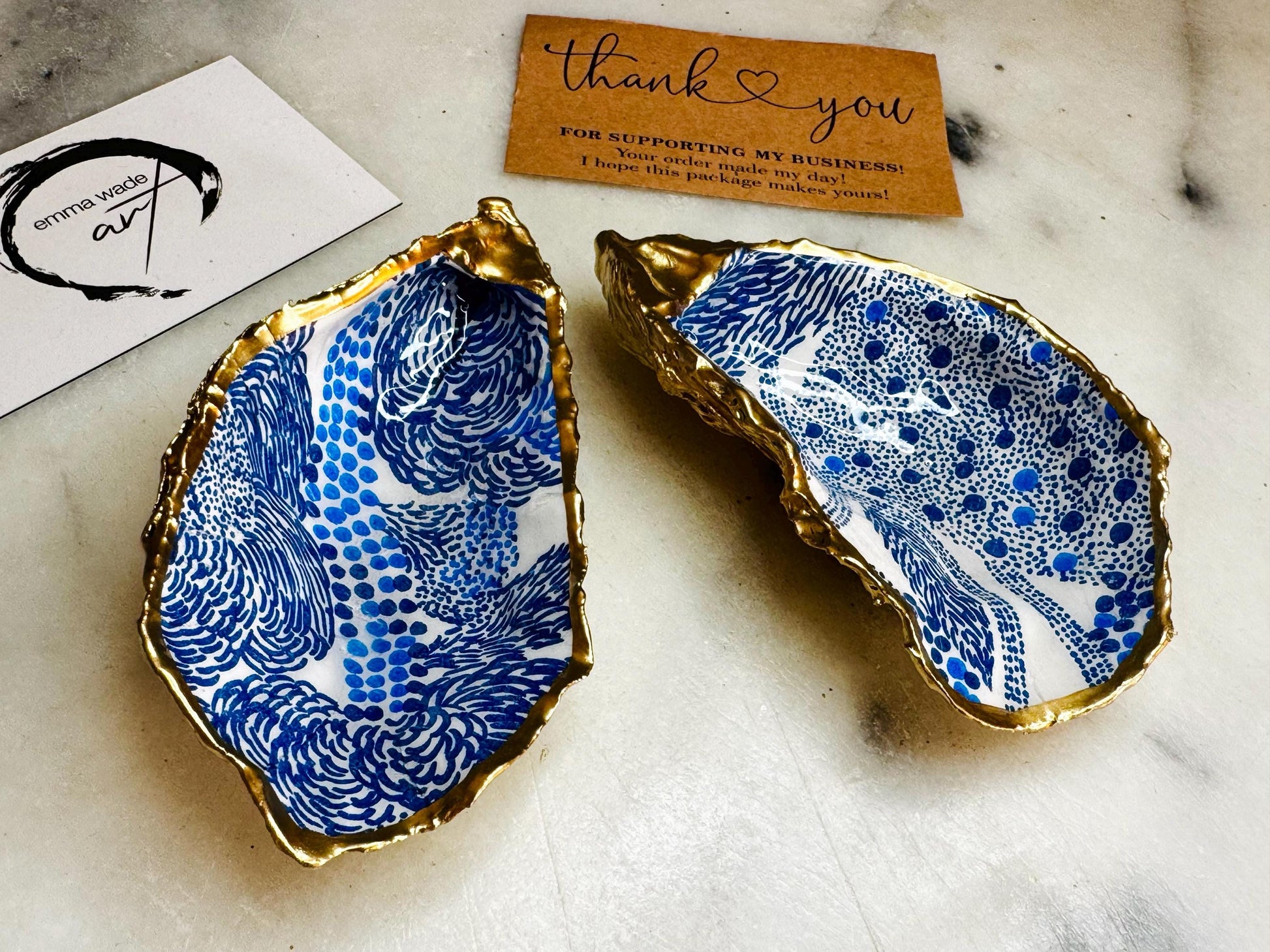 Blue Marimekko Oyster Shell Trinket Dish | Hand Gilded Gold Leaf Jewellery Holder | Scandinavian Coastal Decor