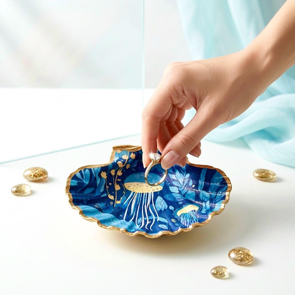 Hand-gilded oyster shell and scallop shell dishes featuring an elegant blue jellyfish design with ocean botanicals, finished with real liquid gold leaf and crystal-clear resin. Coastal ring dishes and jewellery holders available individually or as a matching shell gift set. ✨