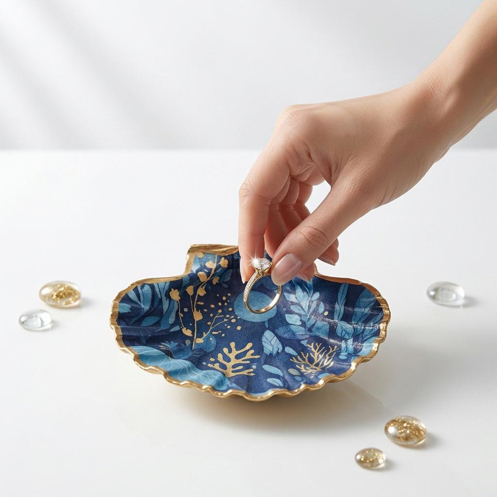 Hand-gilded oyster shell and scallop shell dishes featuring an elegant blue jellyfish design with ocean botanicals, finished with real liquid gold leaf and crystal-clear resin. Coastal ring dishes and jewellery holders available individually or as a matching shell gift set. ✨