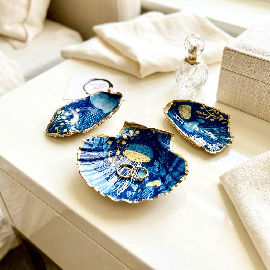 Hand-gilded oyster shell and scallop shell dishes featuring an elegant blue jellyfish design with ocean botanicals, finished with real liquid gold leaf and crystal-clear resin. Coastal ring dishes and jewellery holders available individually or as a matching shell gift set. ✨