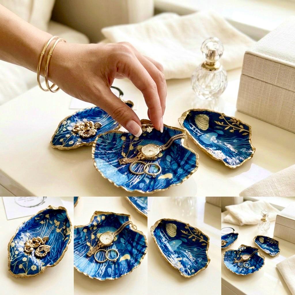 Hand-gilded oyster shell and scallop shell dishes featuring an elegant blue jellyfish design with ocean botanicals, finished with real liquid gold leaf and crystal-clear resin. Coastal ring dishes and jewellery holders available individually or as a matching shell gift set. ✨