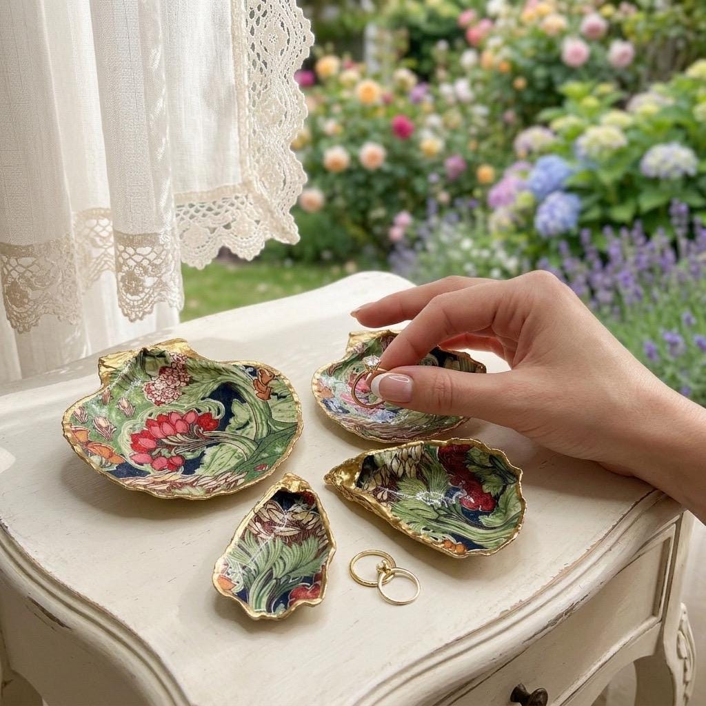 Handcrafted V&A Museum Swirling Trees shell dish collection featuring large and small scallop shells and oyster shells decorated with flowing botanical artwork, pink water lilies and rich green foliage. Each natural Dorset shell is hand-gilded with real liquid gold leaf and sealed with crystal-clear resin. Luxury coastal decor, jewellery dishes, ring holders and trinket trays. Available individually or as a coordinated set of four shells.
